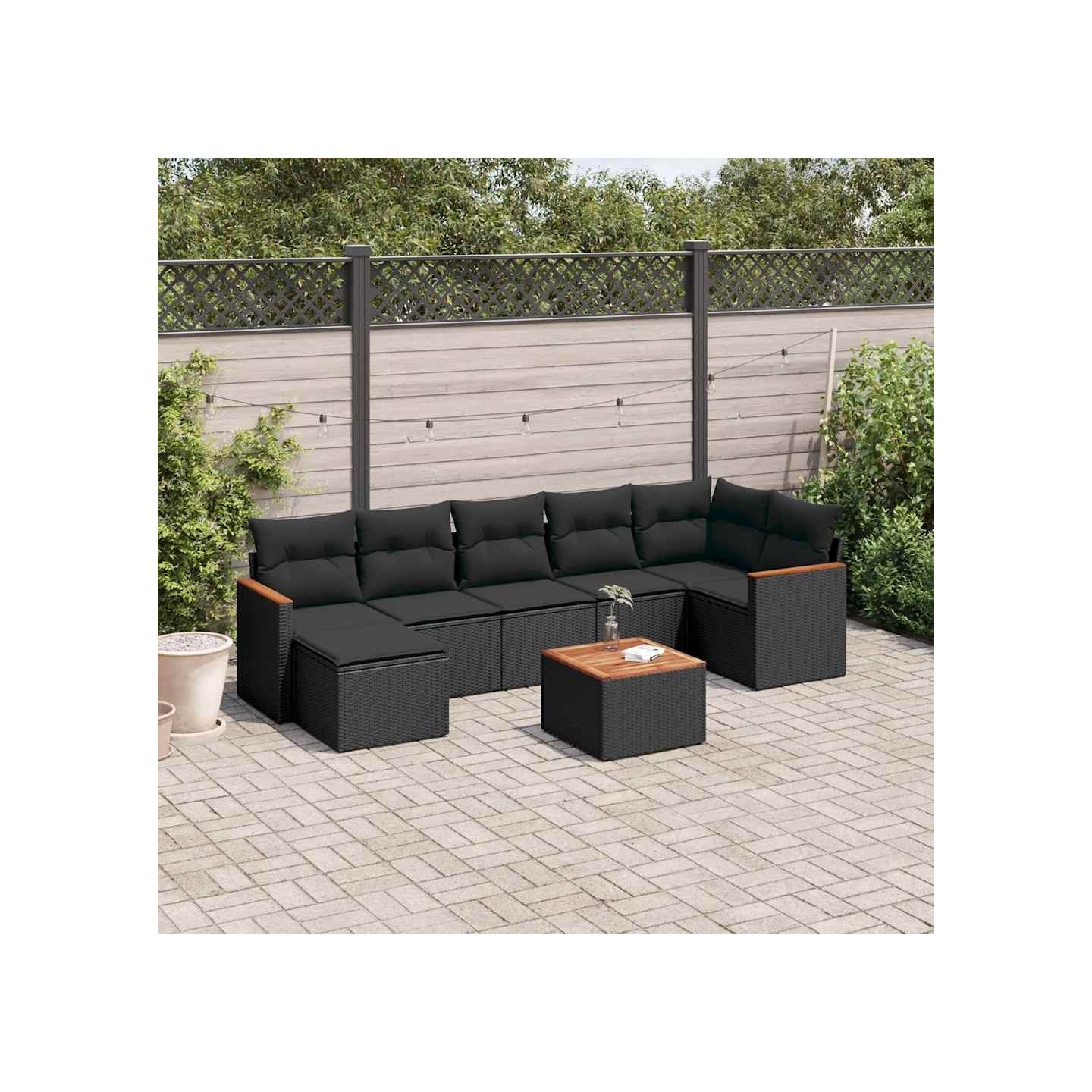 Salon de jardin 8 pcs avec coussins noir résine tressée