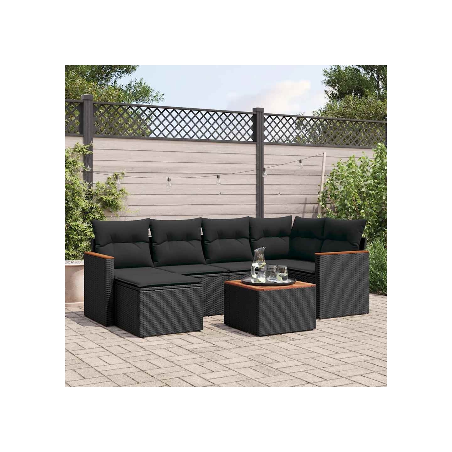 Salon de jardin 7 pcs avec coussins noir résine tressée