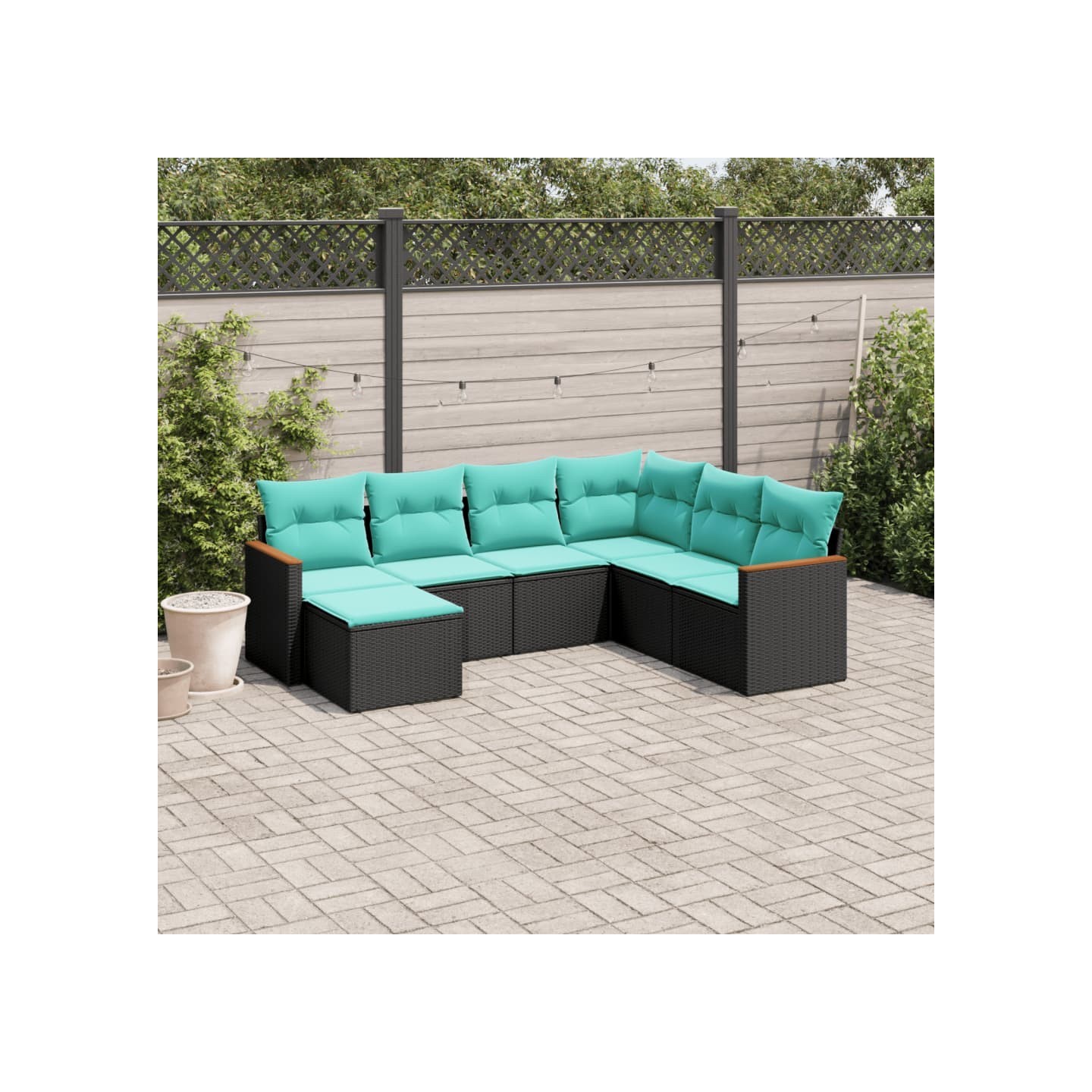 Salon de jardin 7 pcs avec coussins noir résine tressée