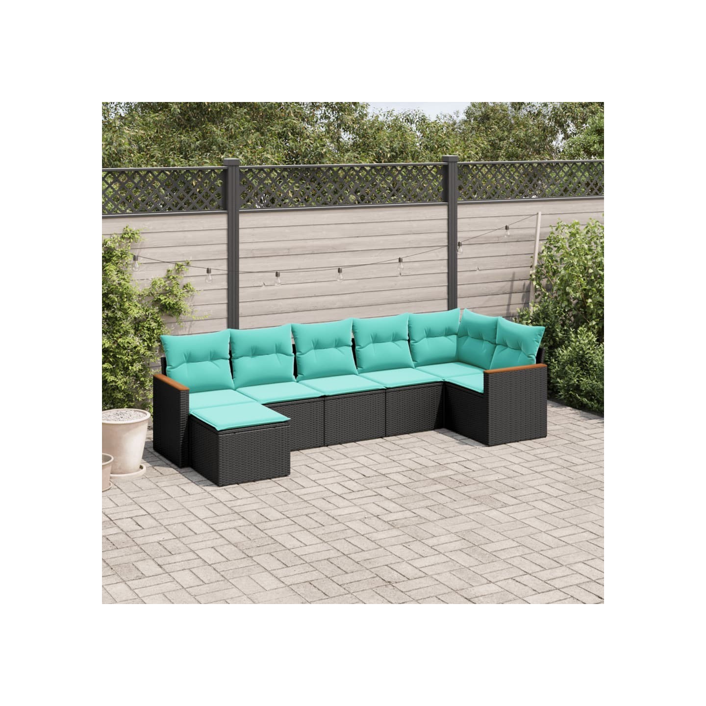 Salon de jardin 7 pcs avec coussins noir résine tressée