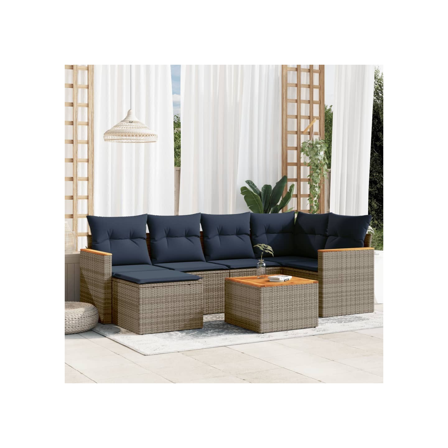 Ensemble de canapé de jardin 7 pcs avec coussins gris résine tressée