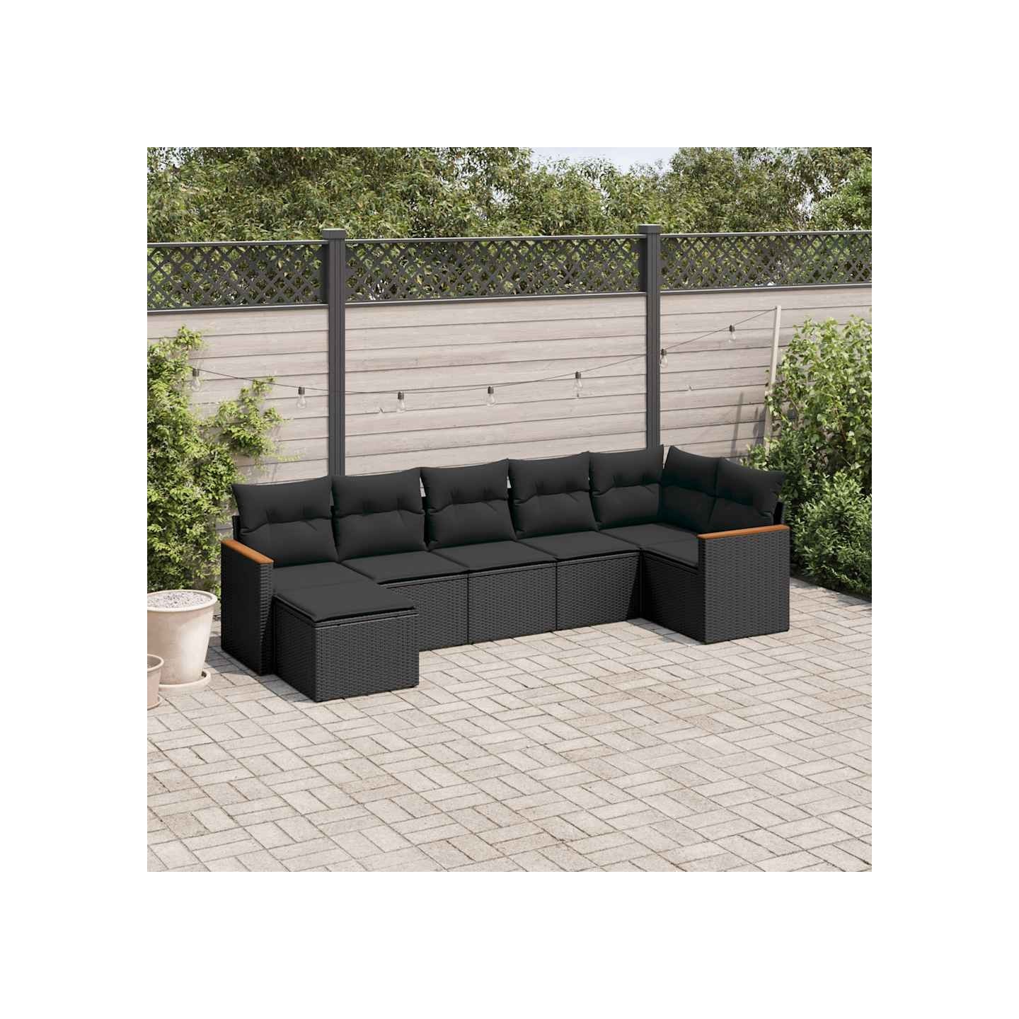 Salon de jardin 7 pcs avec coussins noir résine tressée