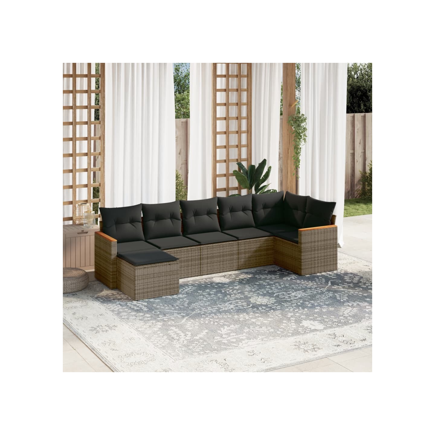Salon de jardin avec coussins 7 pcs gris résine tressée