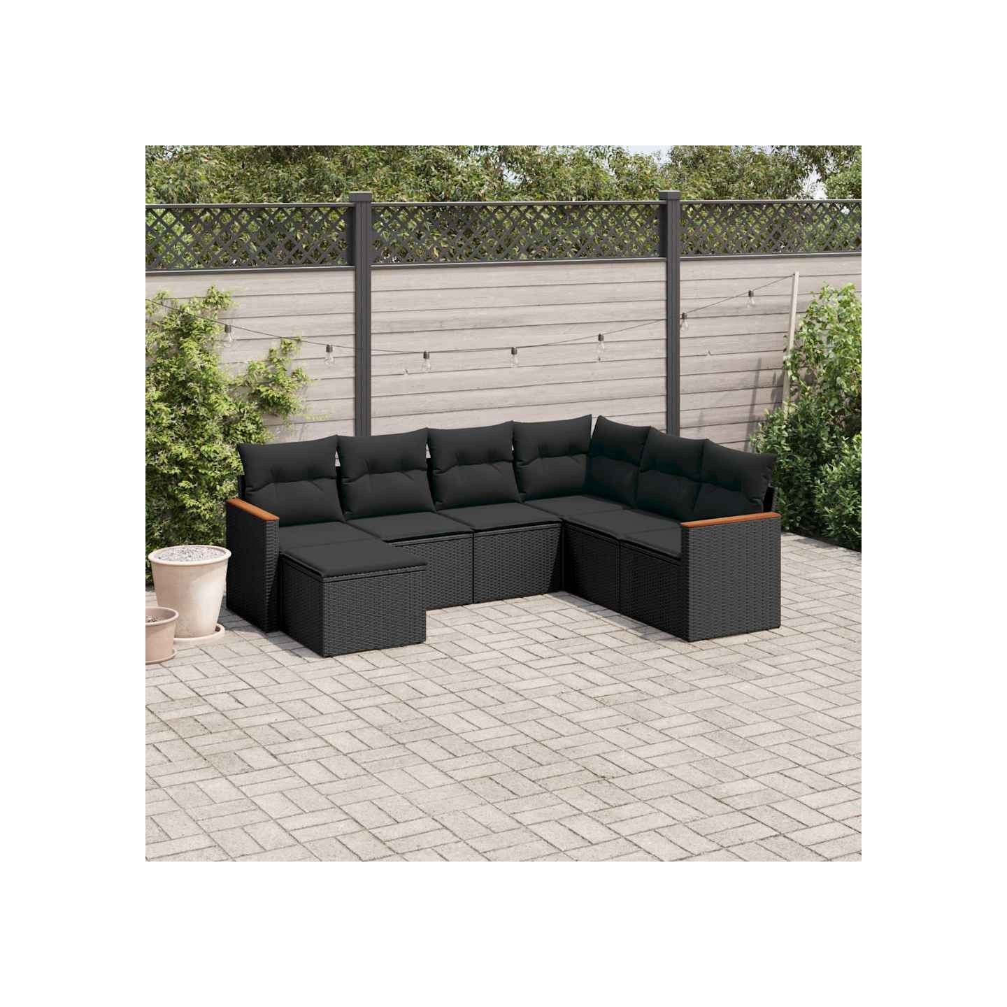 Salon de jardin 7 pcs avec coussins noir résine tressée