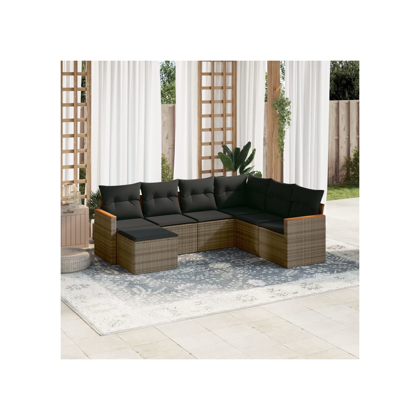 Salon de jardin avec coussins 7 pcs gris résine tressée