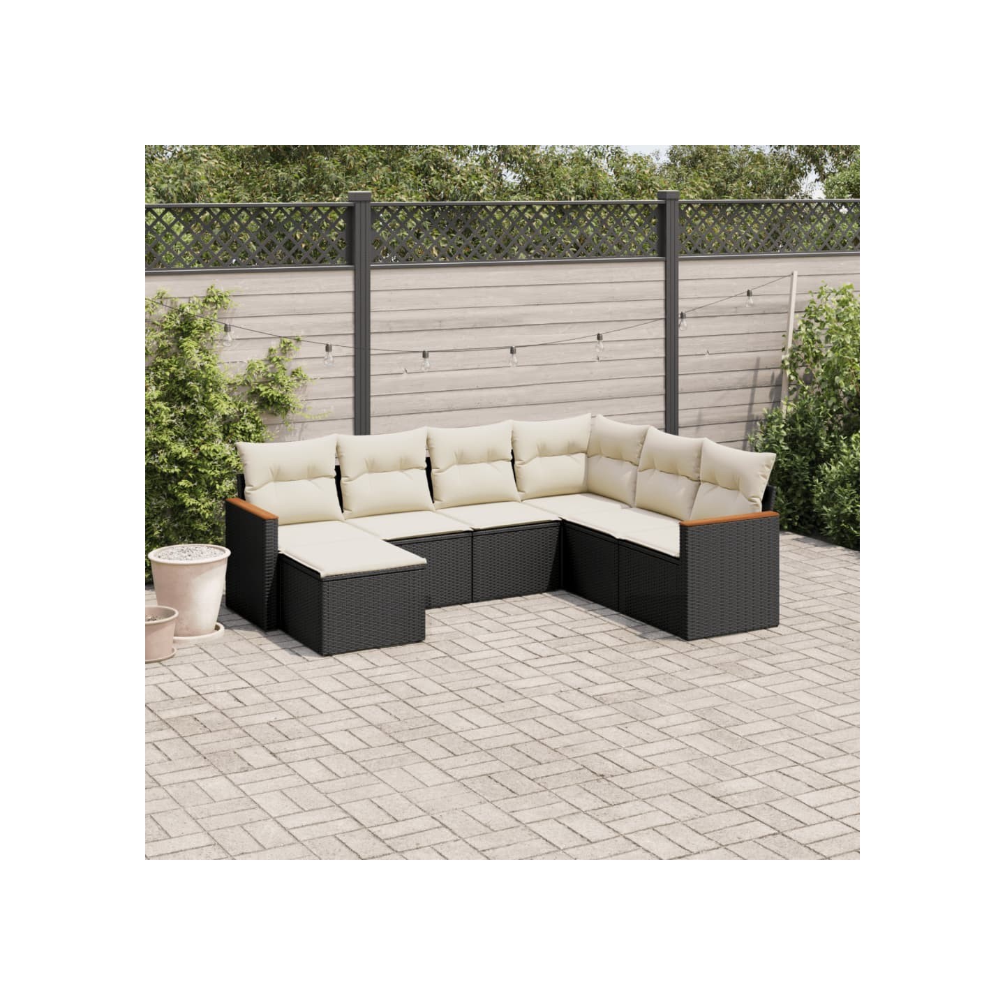 Salon de jardin 7 pcs avec coussins noir résine tressée