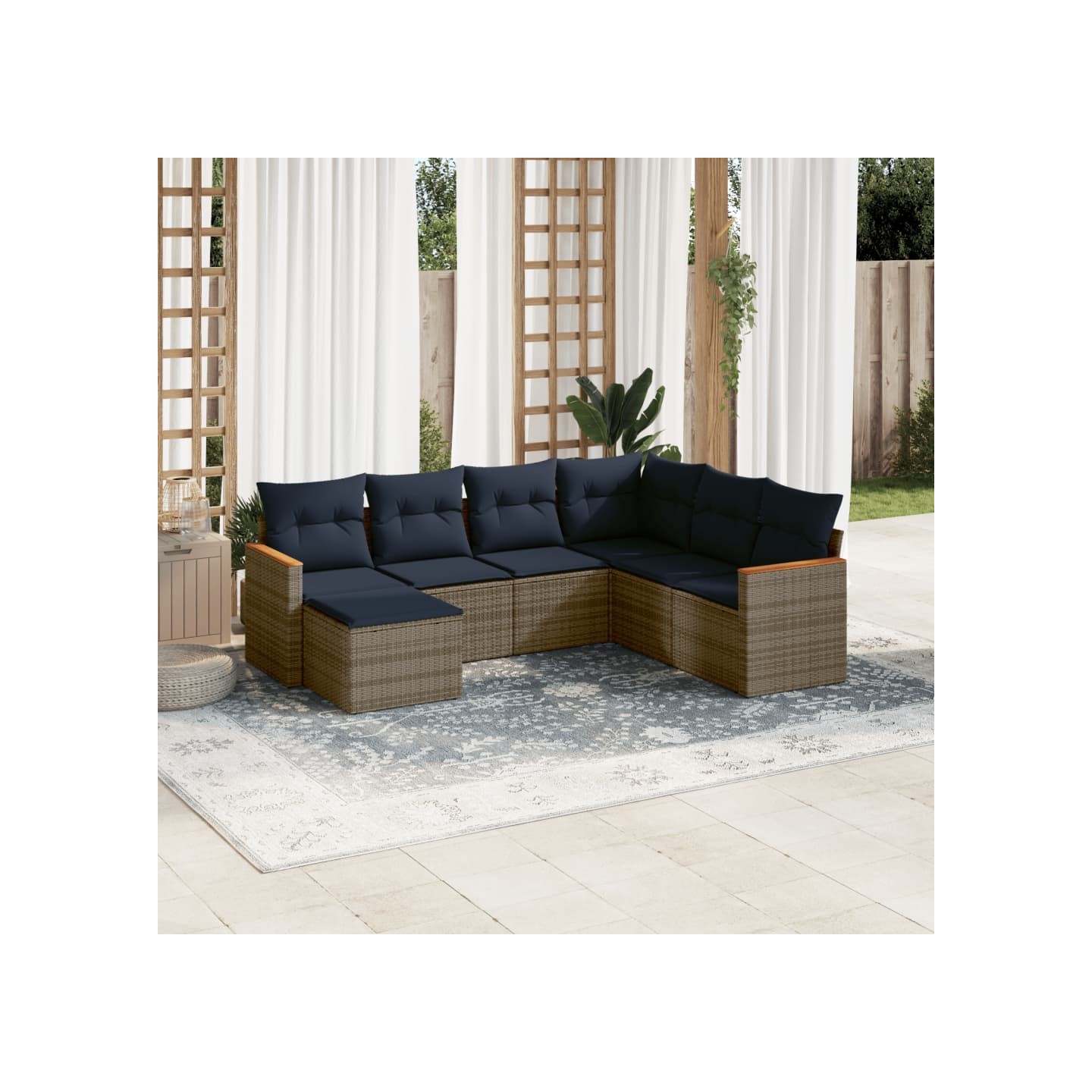 Ensemble de canapé de jardin 7 pcs avec coussins gris résine tressée