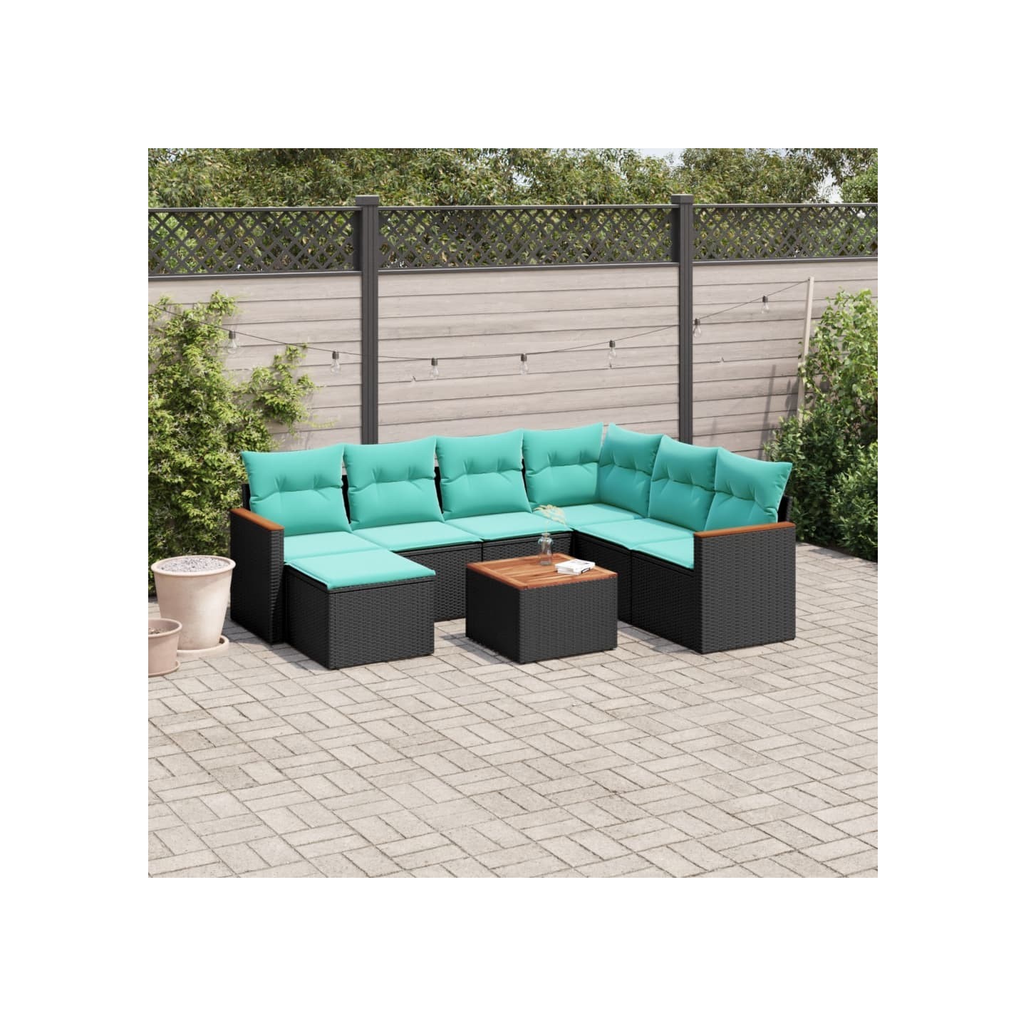 Ensemble de canapé de jardin 8 pcs avec coussins noir résine tressée