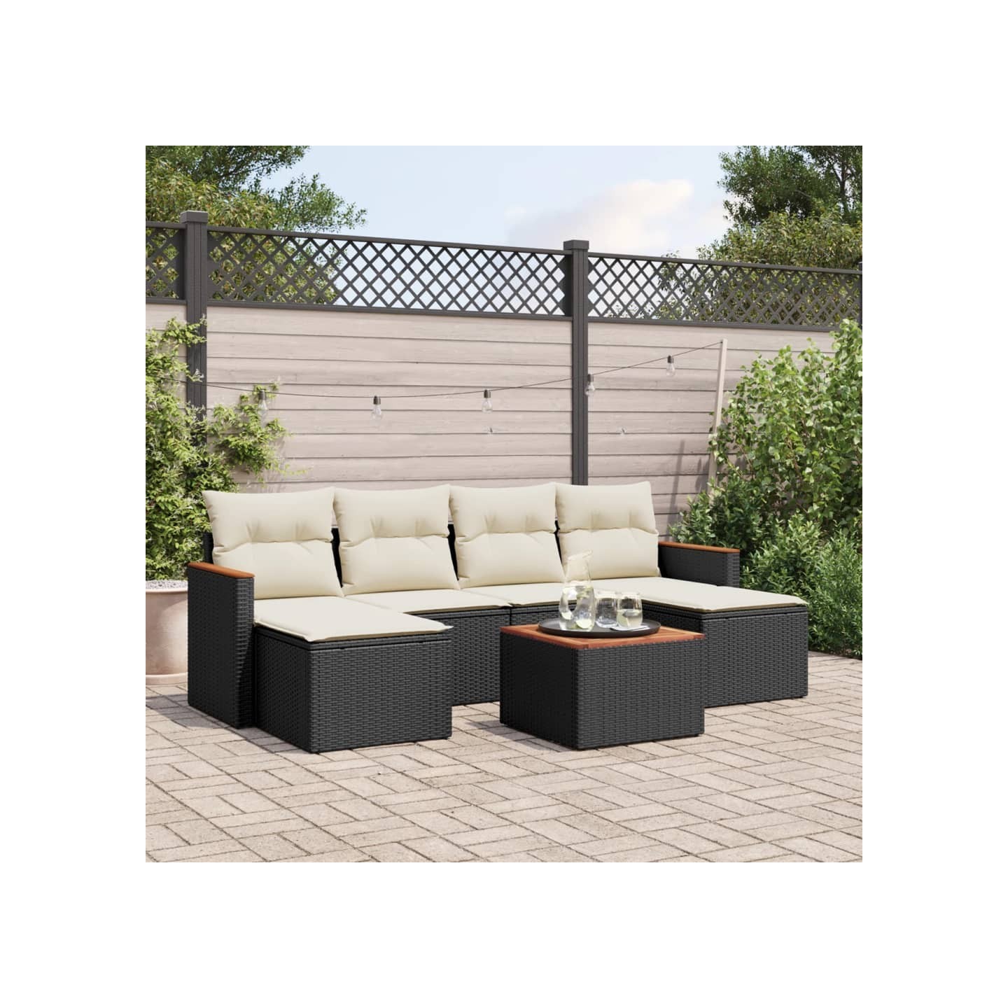 Salon de jardin 7 pcs avec coussins noir résine tressée