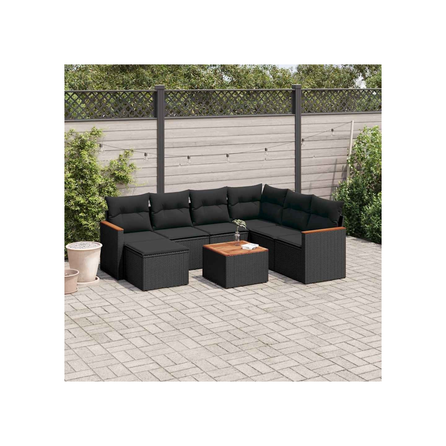 Salon de jardin 8 pcs avec coussins noir résine tressée
