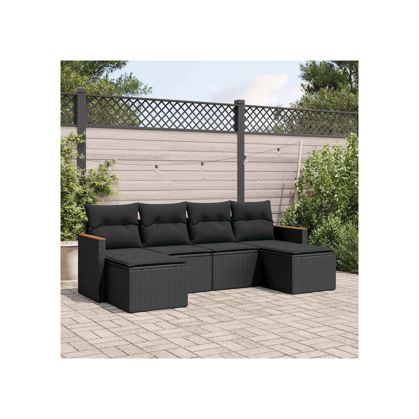 Salon de jardin 6 pcs avec coussins noir résine tressée