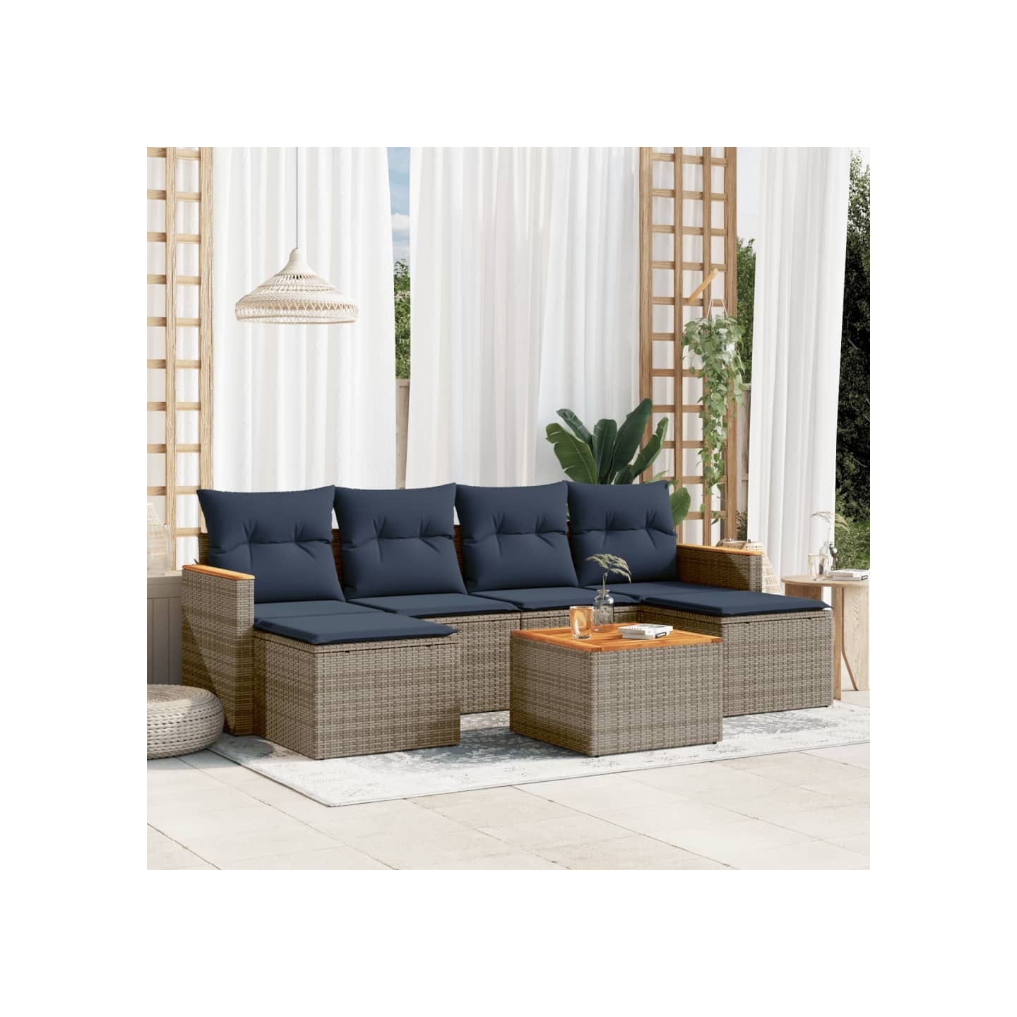 Ensemble de canapé de jardin 7 pcs avec coussins gris résine tressée