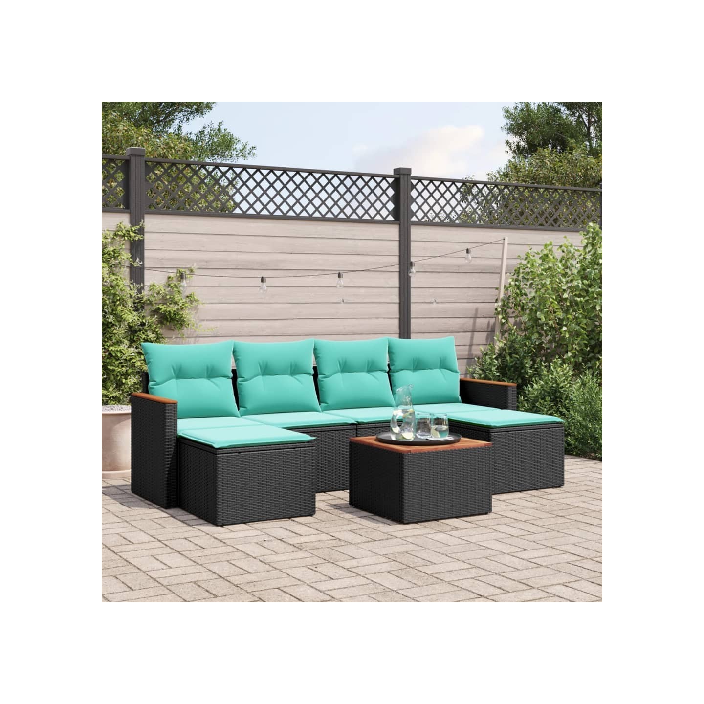 Ensemble de canapé de jardin 7 pcs avec coussins noir résine tressée