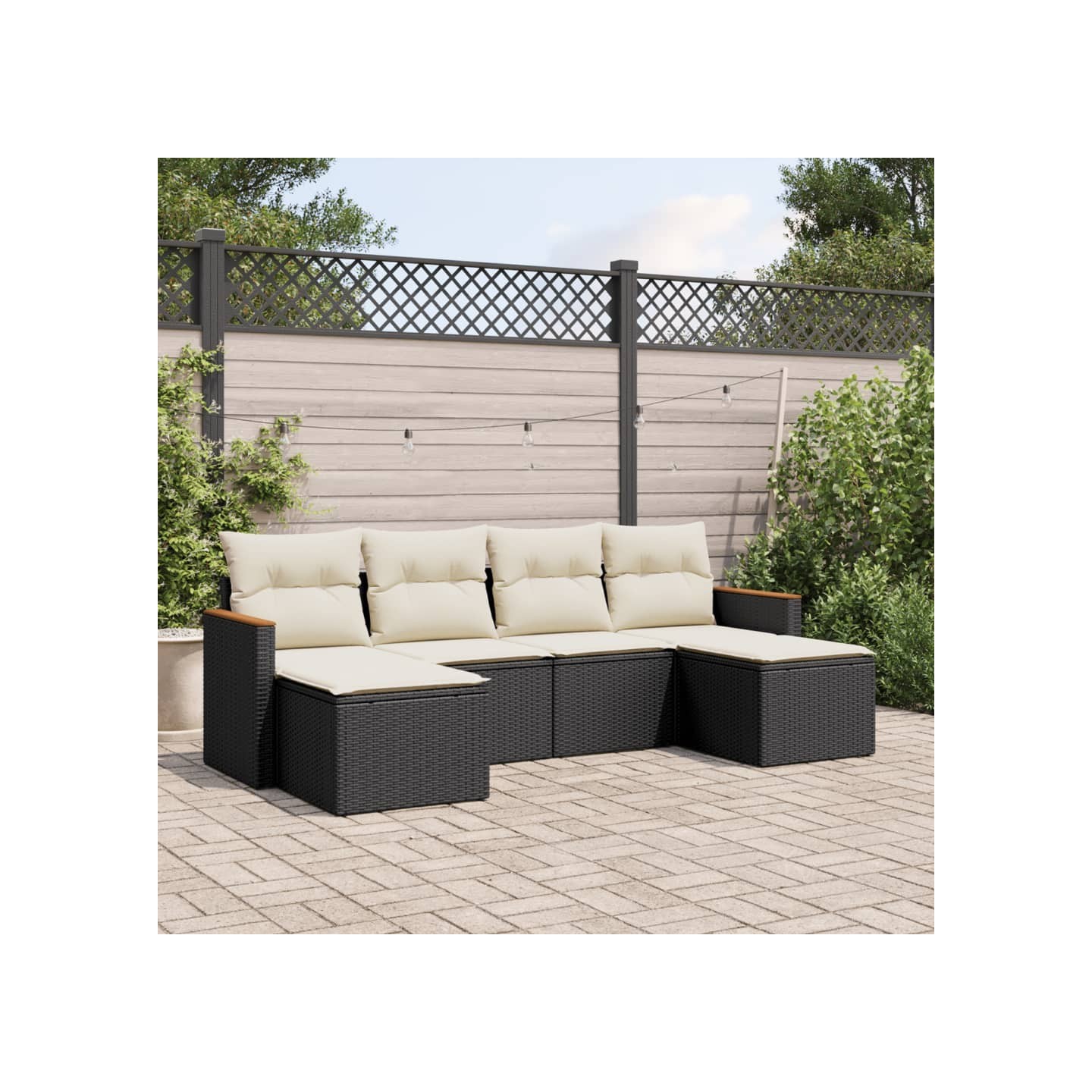 Salon de jardin 6 pcs avec coussins noir résine tressée