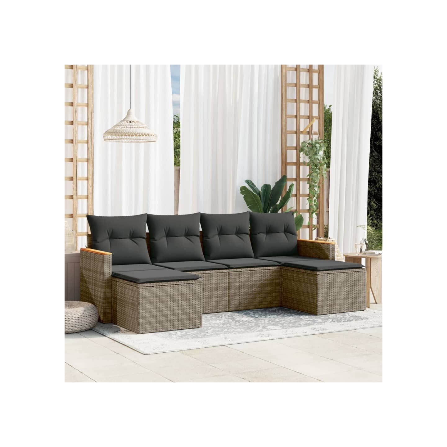 Salon de jardin 6 pcs avec coussins gris résine tressée
