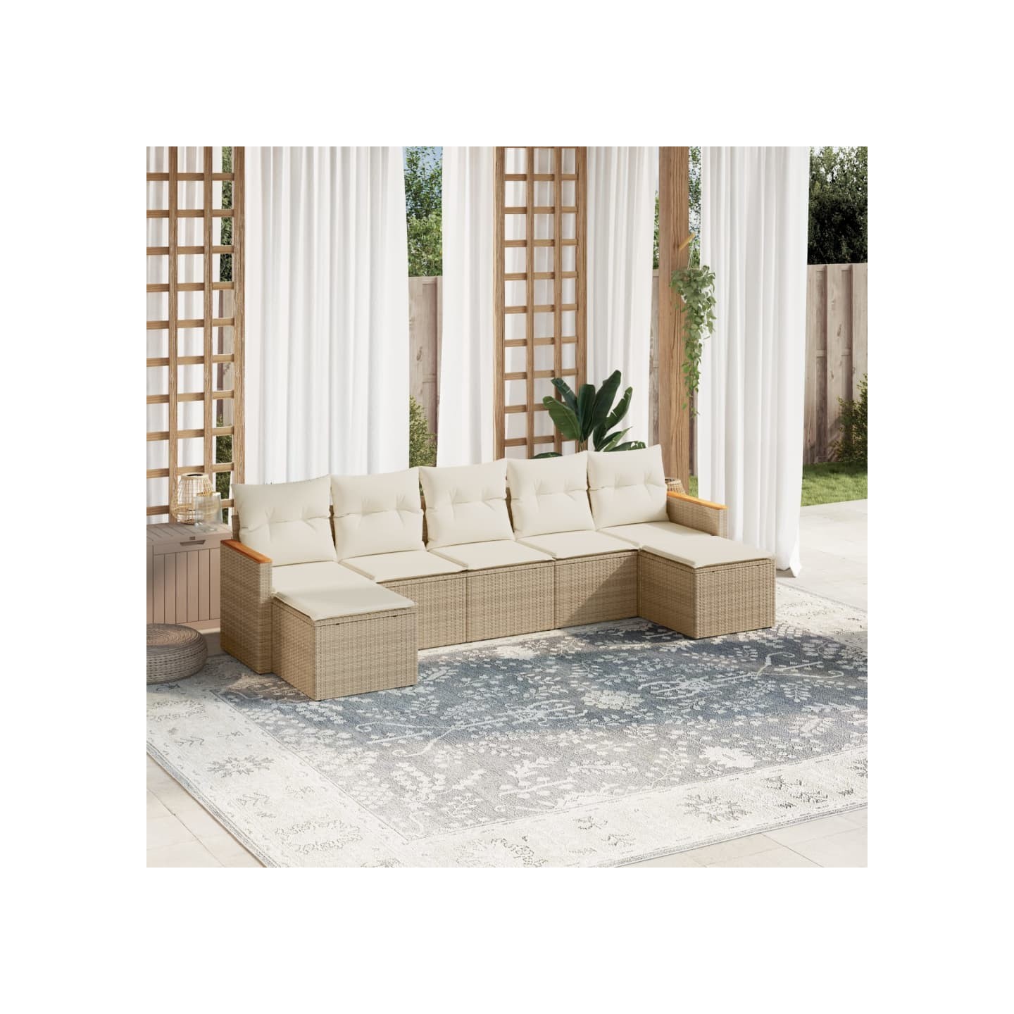 Salon de jardin avec coussins 7 pcs beige résine tressée