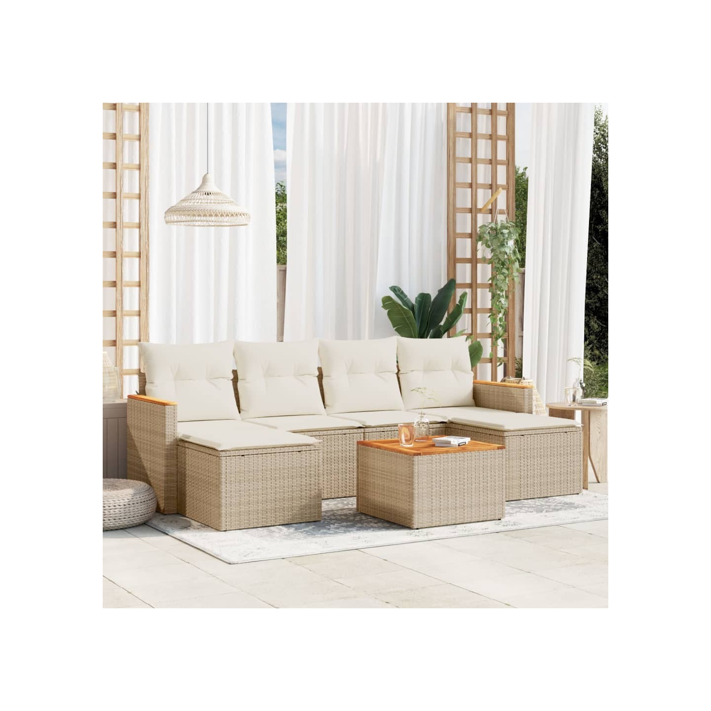 Salon de jardin avec coussins 7 pcs beige résine tressée