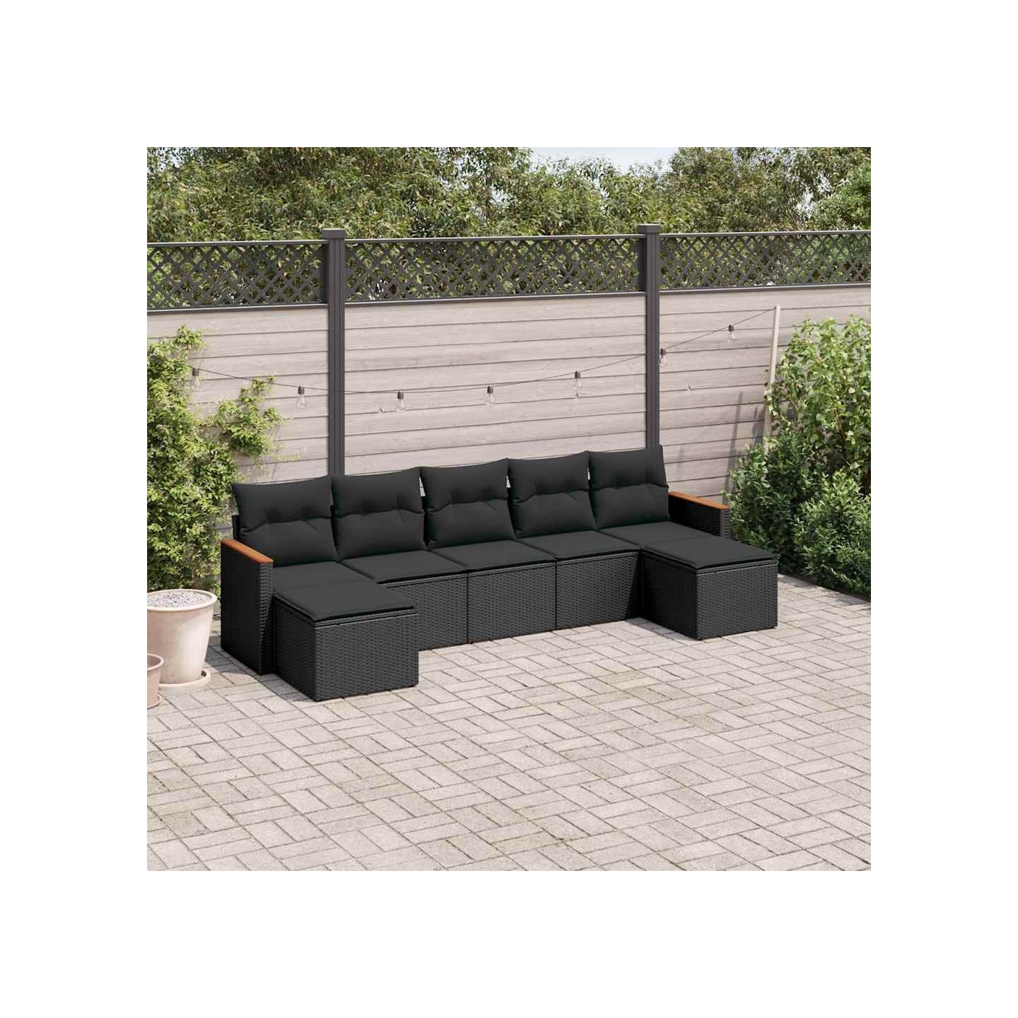Salon de jardin 7 pcs avec coussins noir résine tressée