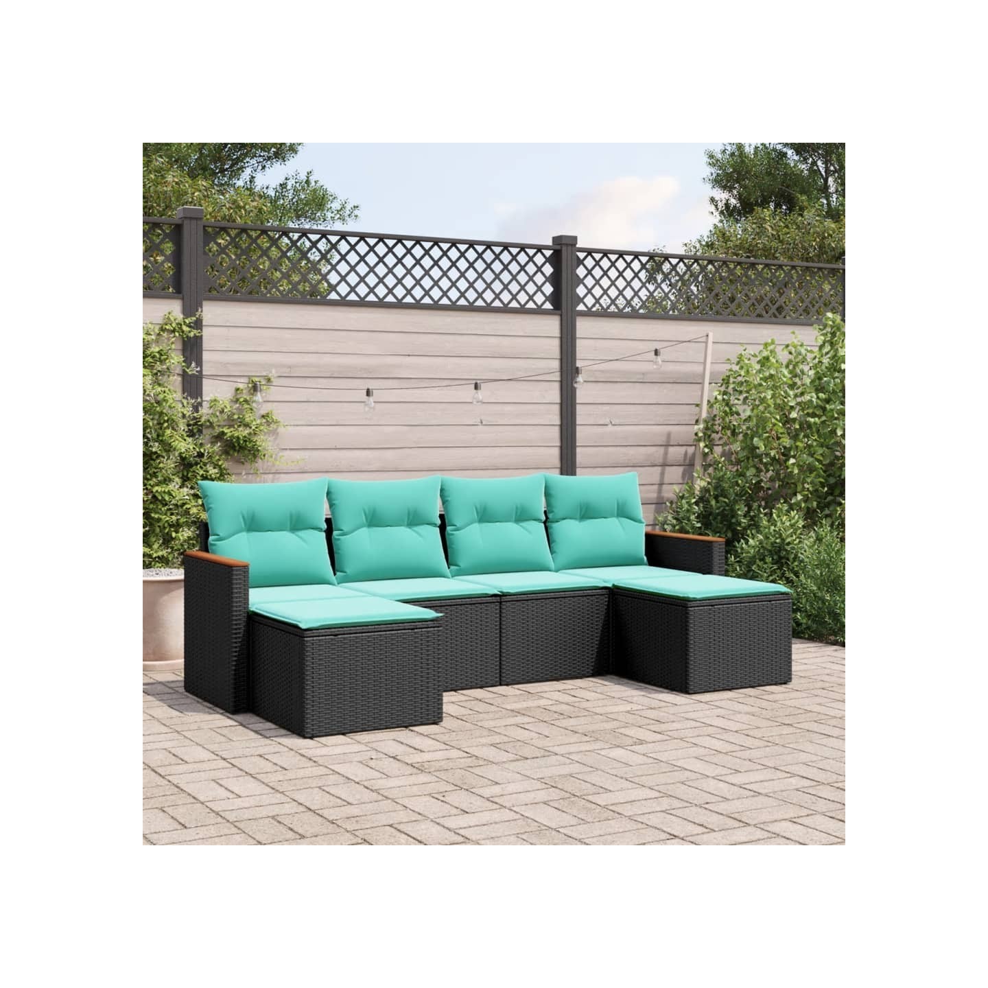 Salon de jardin 6 pcs avec coussins noir résine tressée