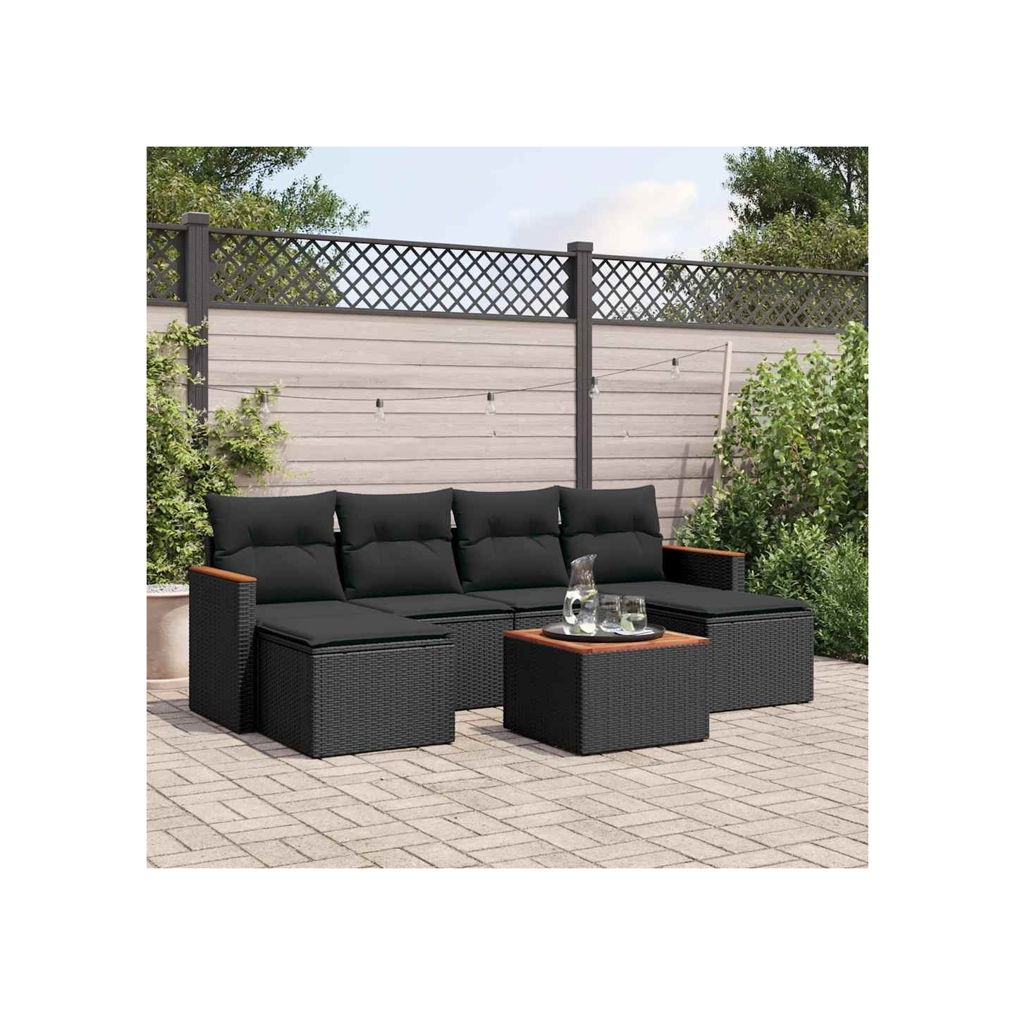 Salon de jardin 7 pcs avec coussins noir résine tressée