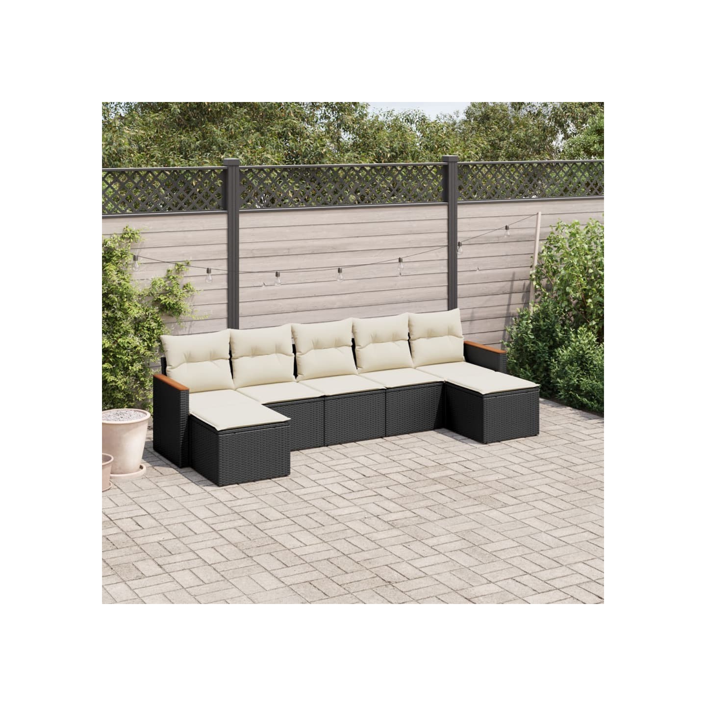 Salon de jardin 7 pcs avec coussins noir résine tressée