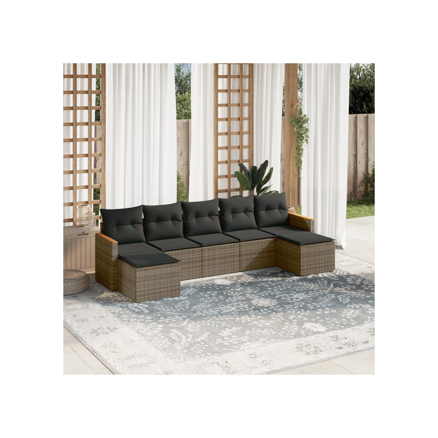 Salon de jardin avec coussins 7 pcs gris résine tressée