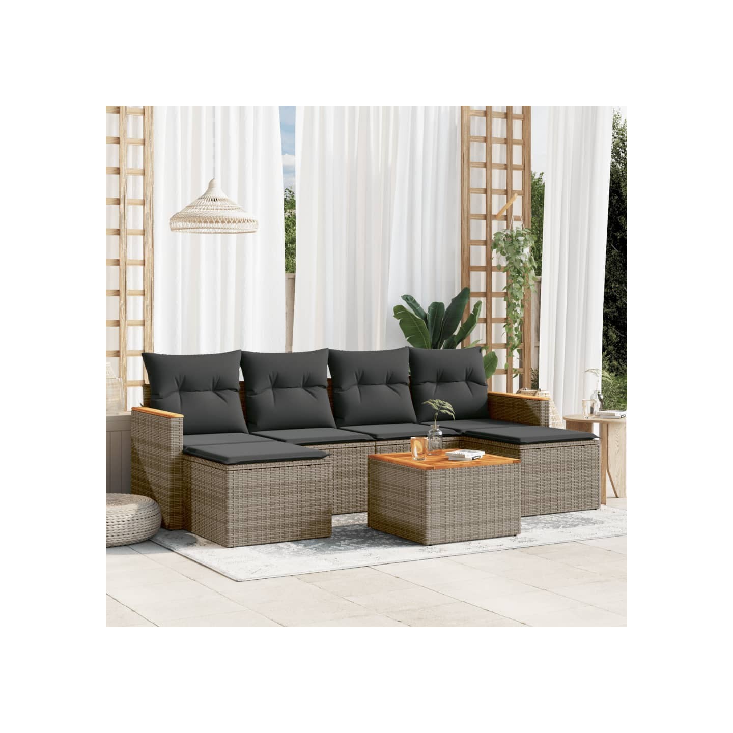 Salon de jardin avec coussins 7 pcs gris résine tressée