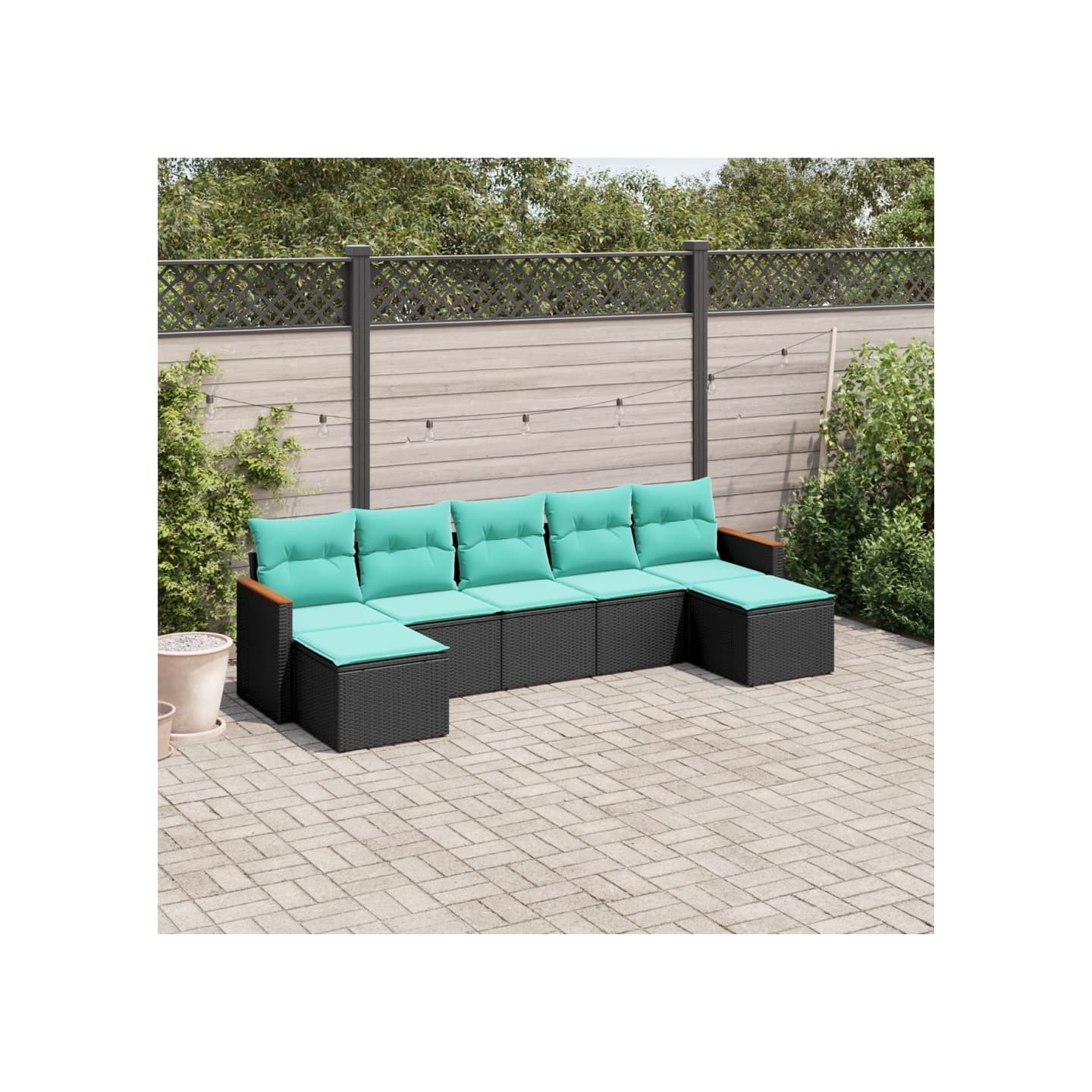 Salon de jardin 7 pcs avec coussins noir résine tressée