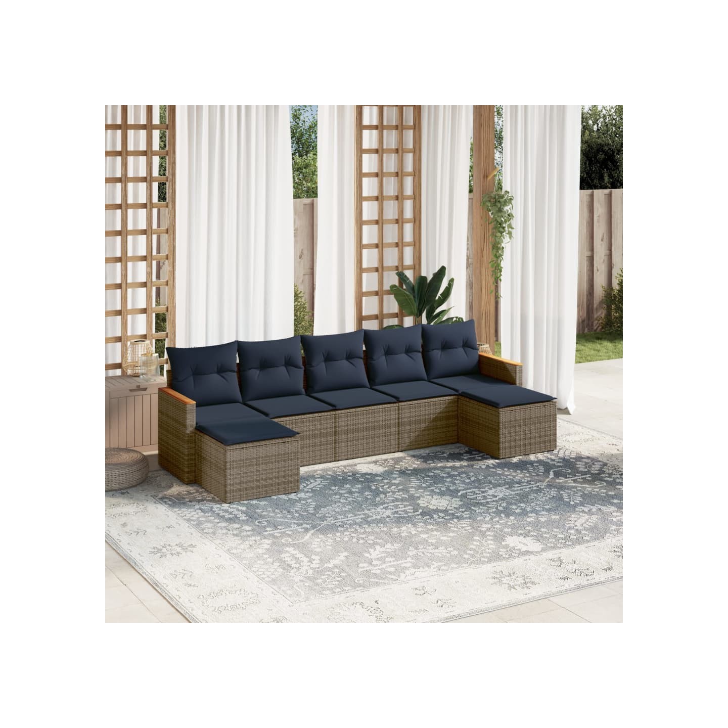 Ensemble de canapé de jardin 7 pcs avec coussins gris résine tressée