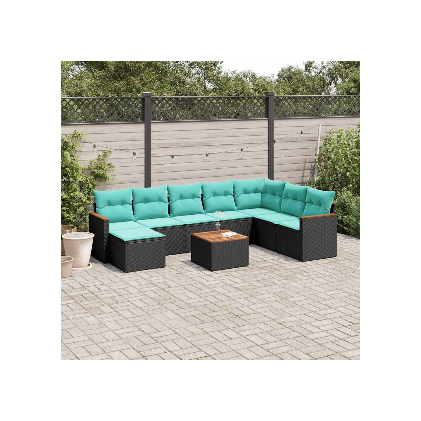 Ensemble de canapé de jardin 9 pcs avec coussins noir résine tressée