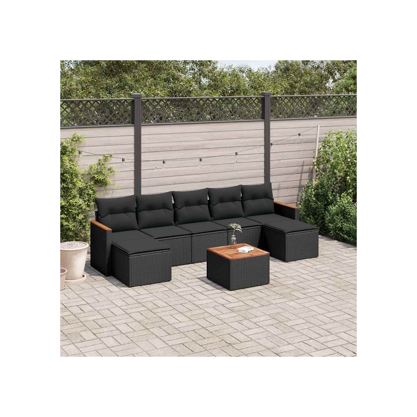 Salon de jardin 8 pcs avec coussins noir résine tressée