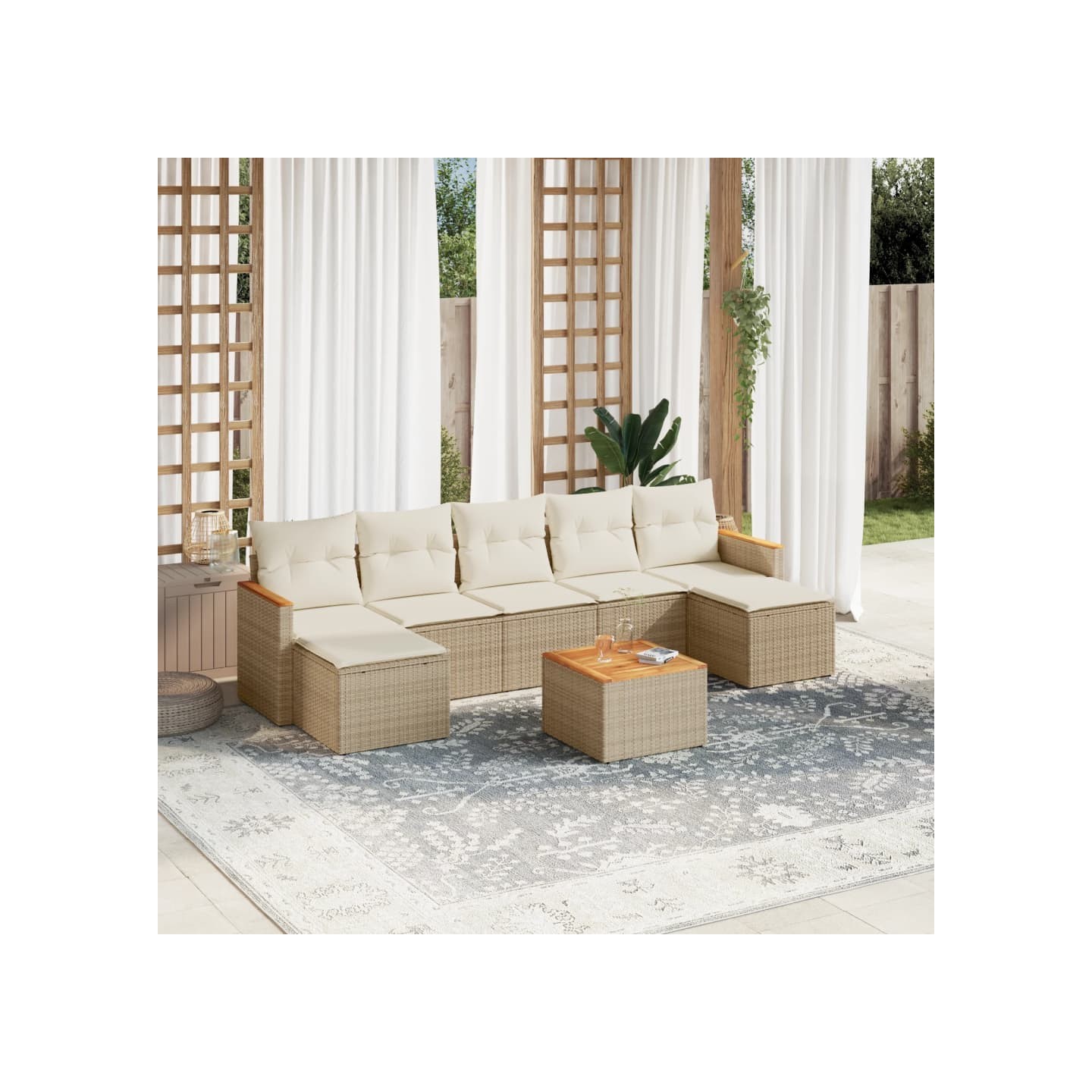 Salon de jardin avec coussins 8 pcs beige résine tressée