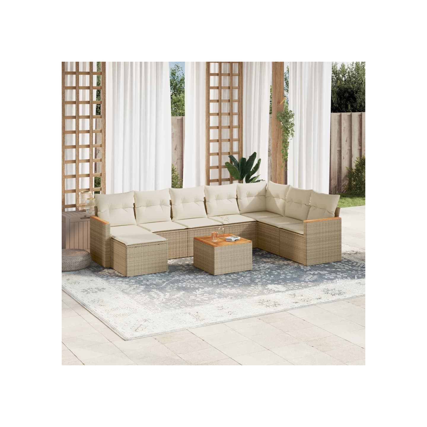 Salon de jardin avec coussins 9 pcs beige résine tressée