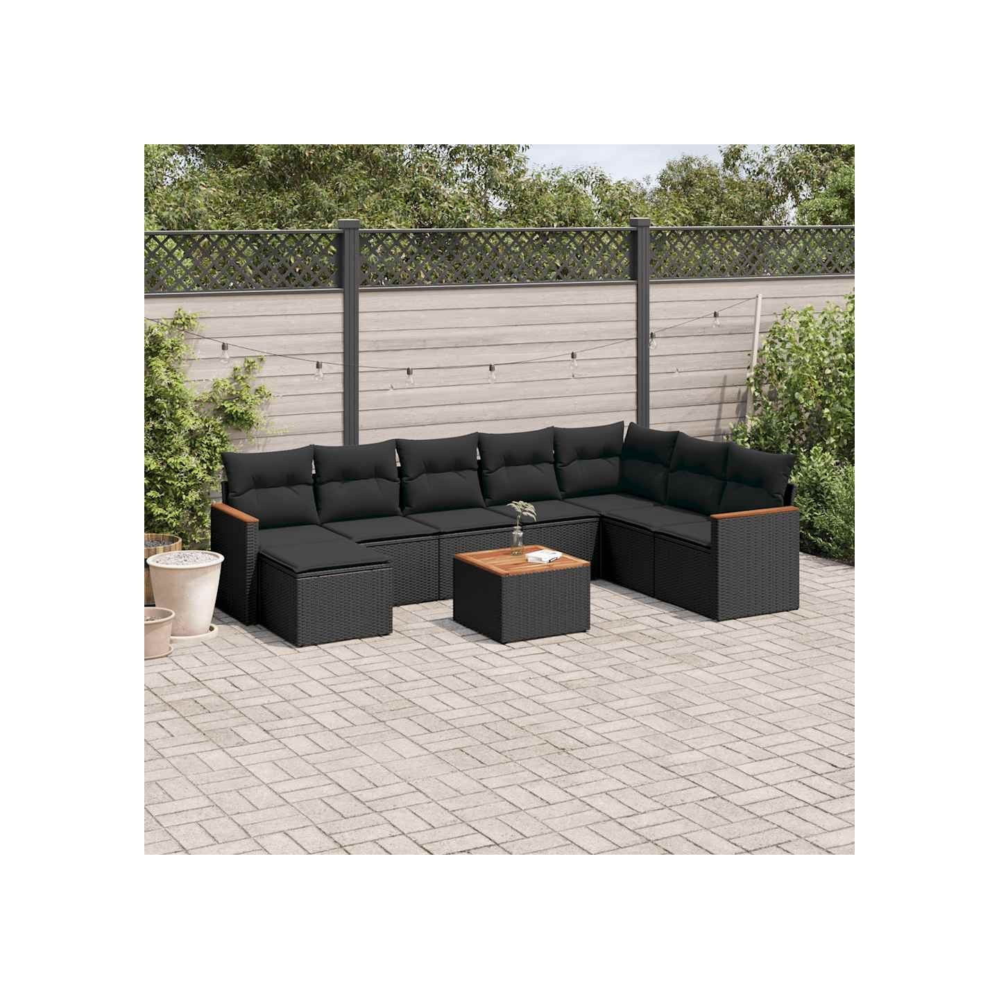 Salon de jardin 9 pcs avec coussins noir résine tressée
