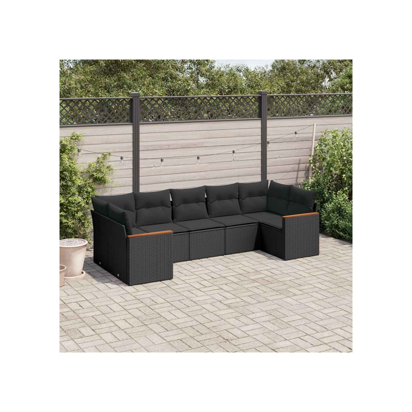 Salon de jardin 7 pcs avec coussins noir résine tressée