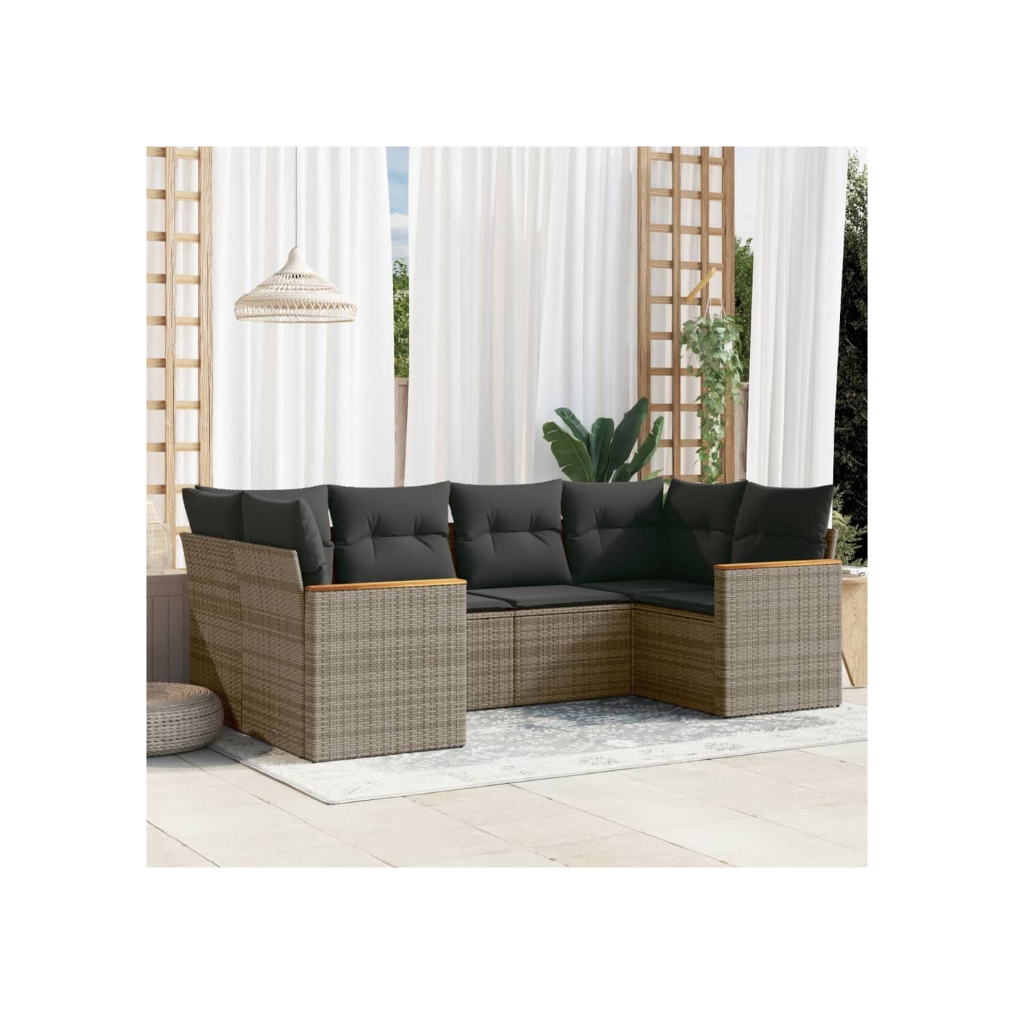 Salon de jardin 6 pcs avec coussins gris résine tressée