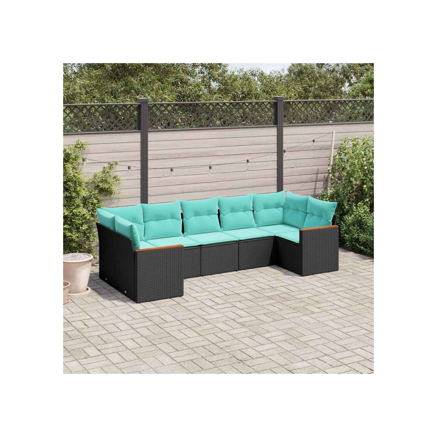Salon de jardin 7 pcs avec coussins noir résine tressée