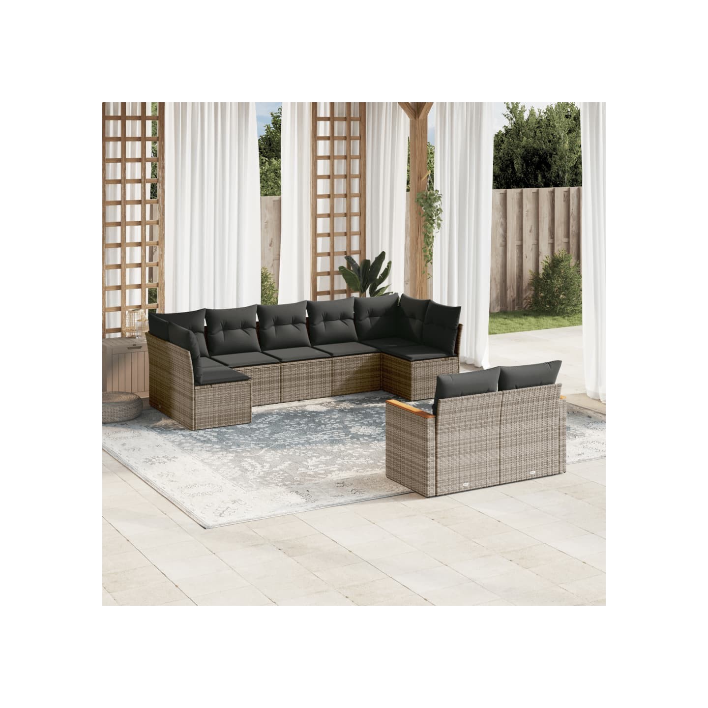 Salon de jardin 9 pcs avec coussins gris résine tressée