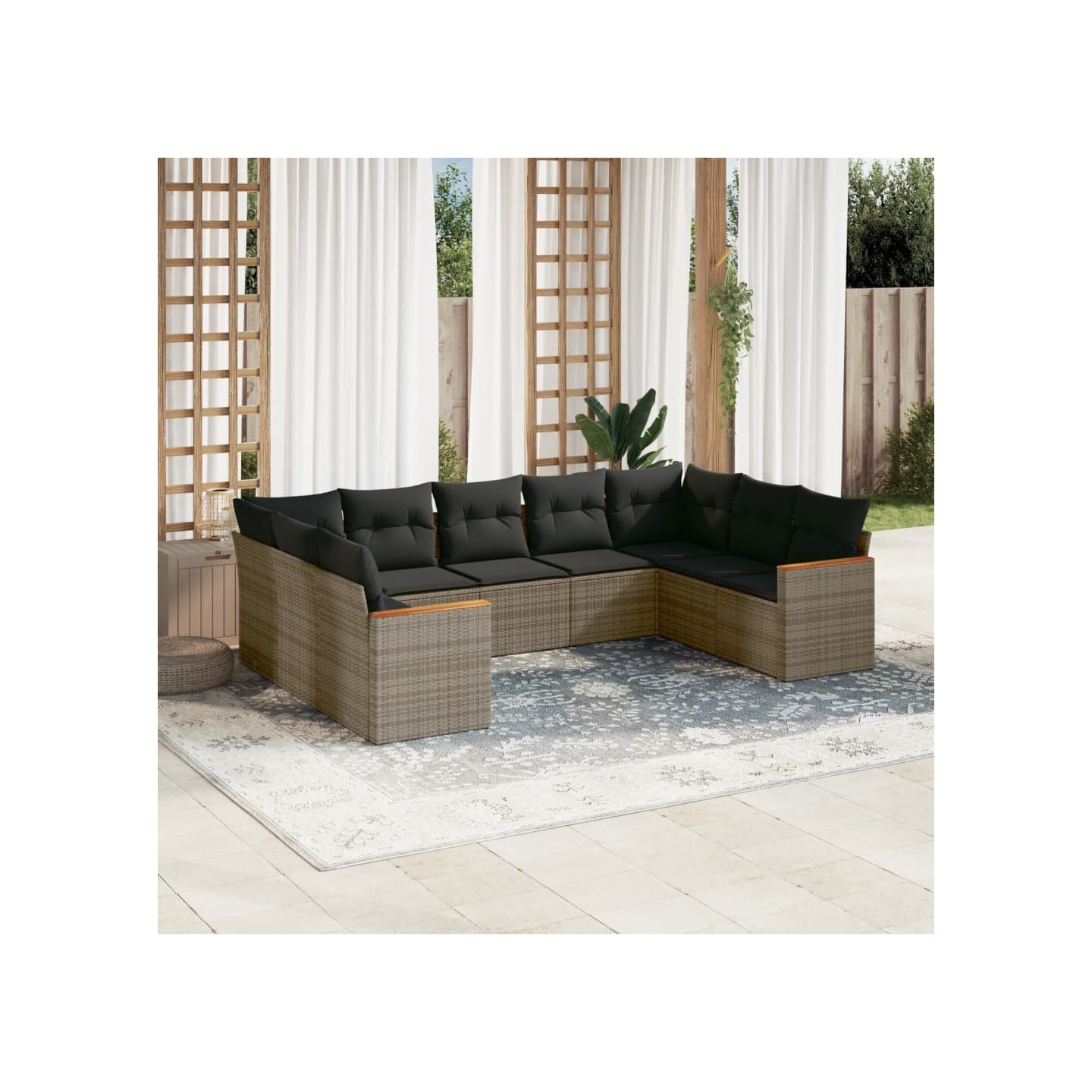Salon de jardin 9 pcs avec coussins gris résine tressée