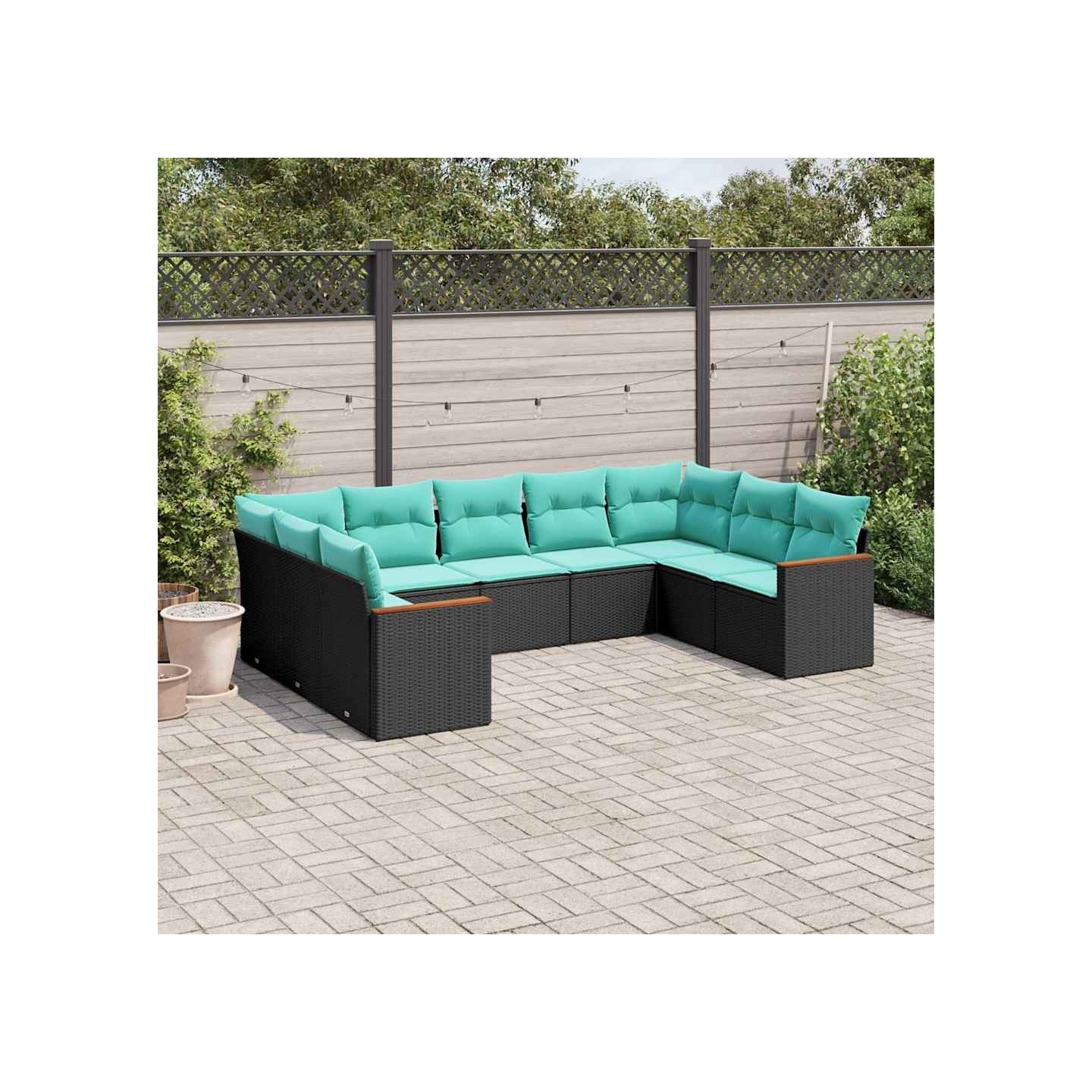 Salon de jardin 9 pcs avec coussins noir résine tressée