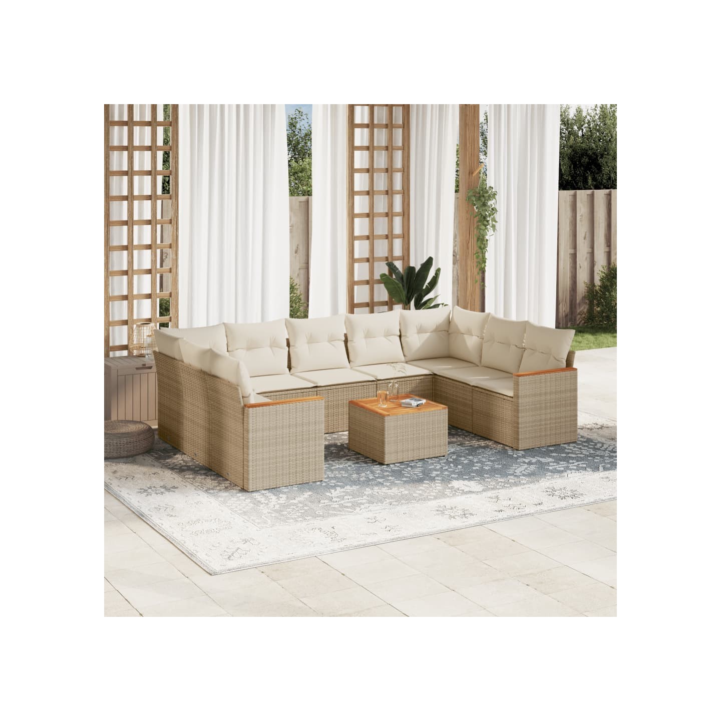 Salon de jardin avec coussins 10 pcs beige résine tressée