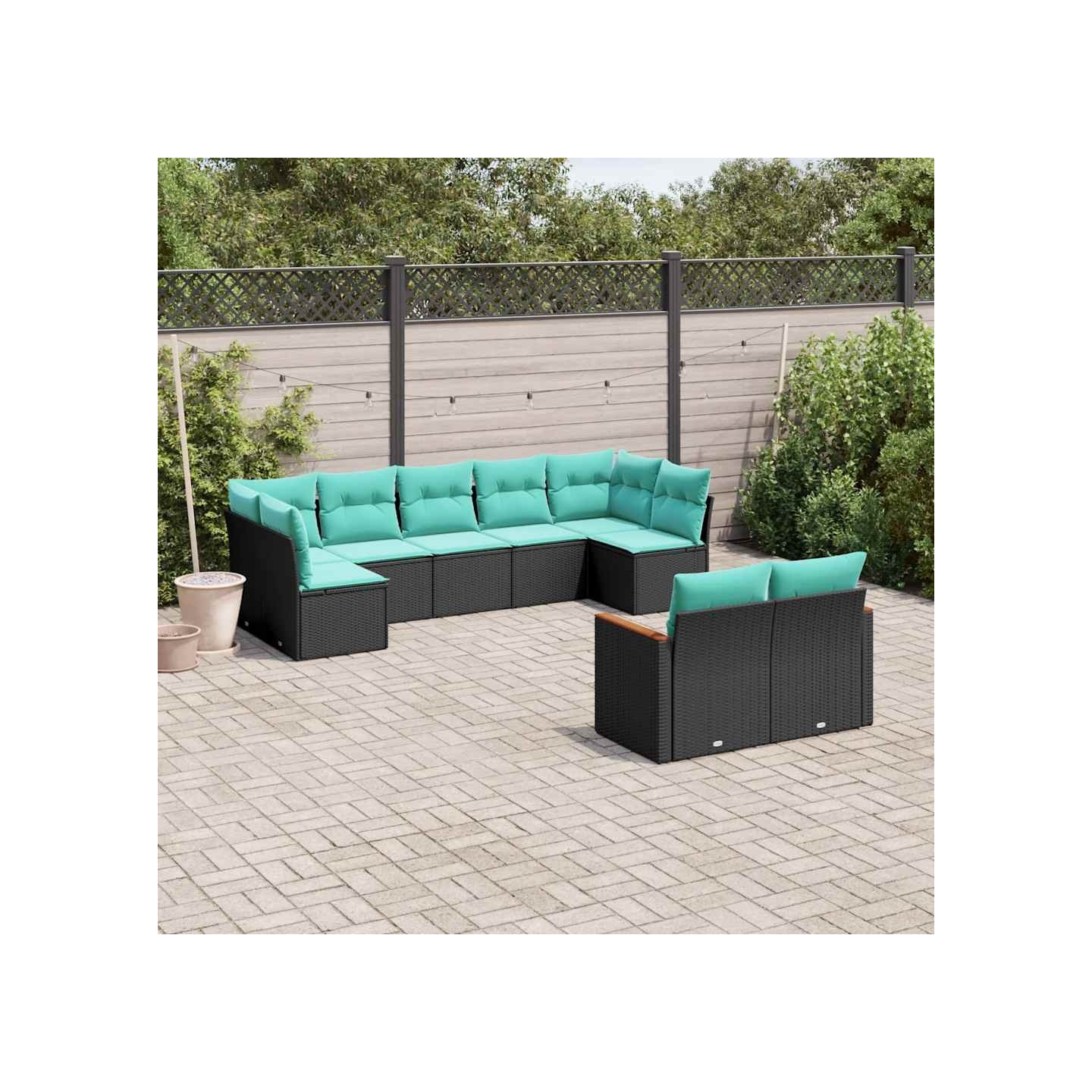 Salon de jardin 9 pcs avec coussins noir résine tressée