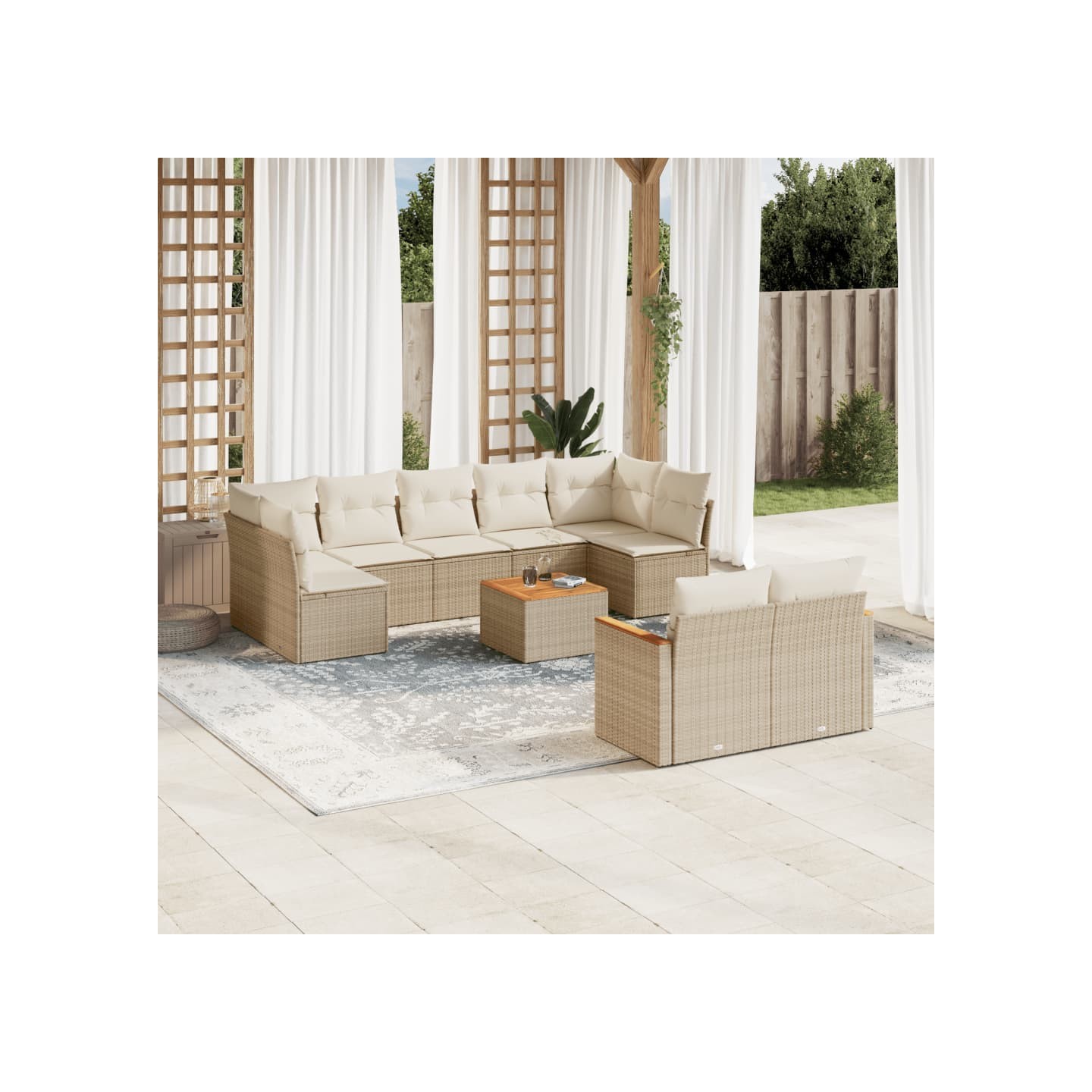 Salon de jardin avec coussins 10 pcs beige résine tressée
