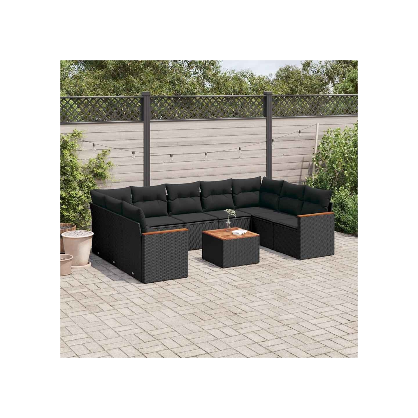 Salon de jardin 10 pcs avec coussins noir résine tressée