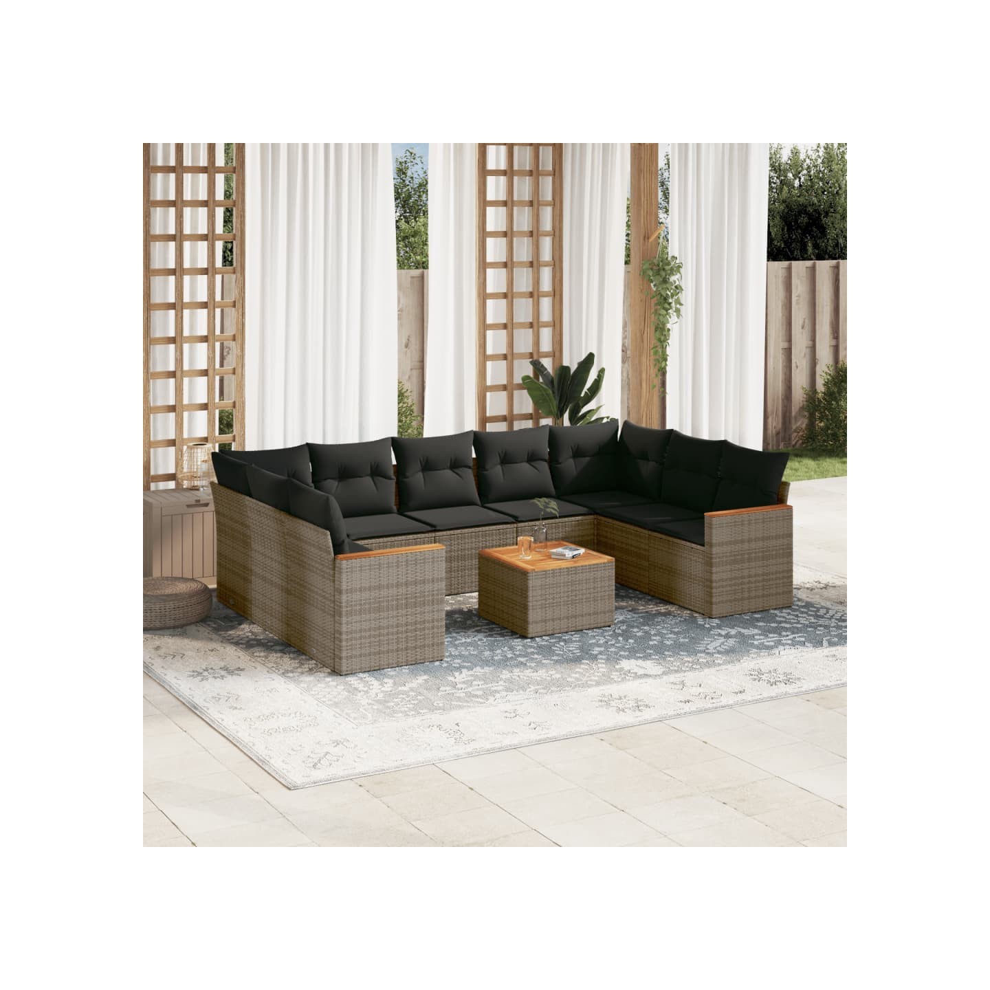 Salon de jardin avec coussins 10 pcs gris résine tressée