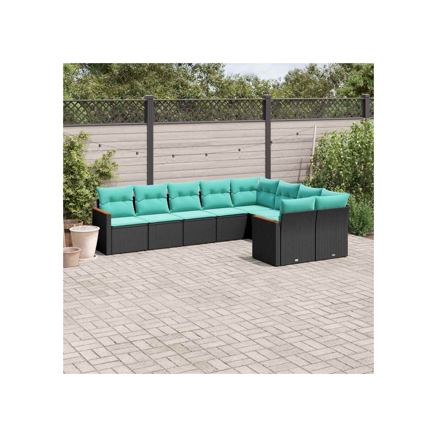 Salon de jardin 9 pcs avec coussins noir résine tressée
