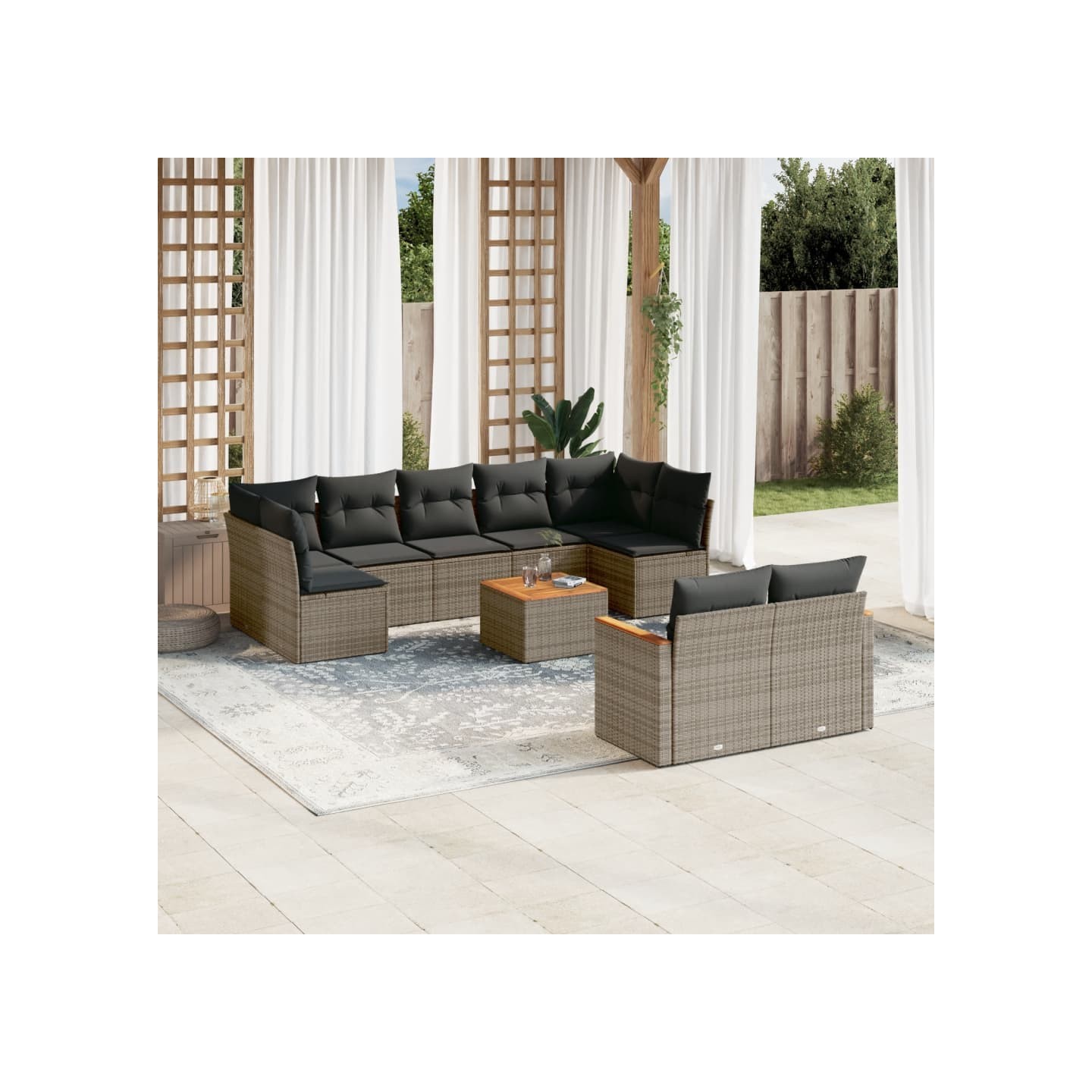 Salon de jardin avec coussins 10 pcs gris résine tressée