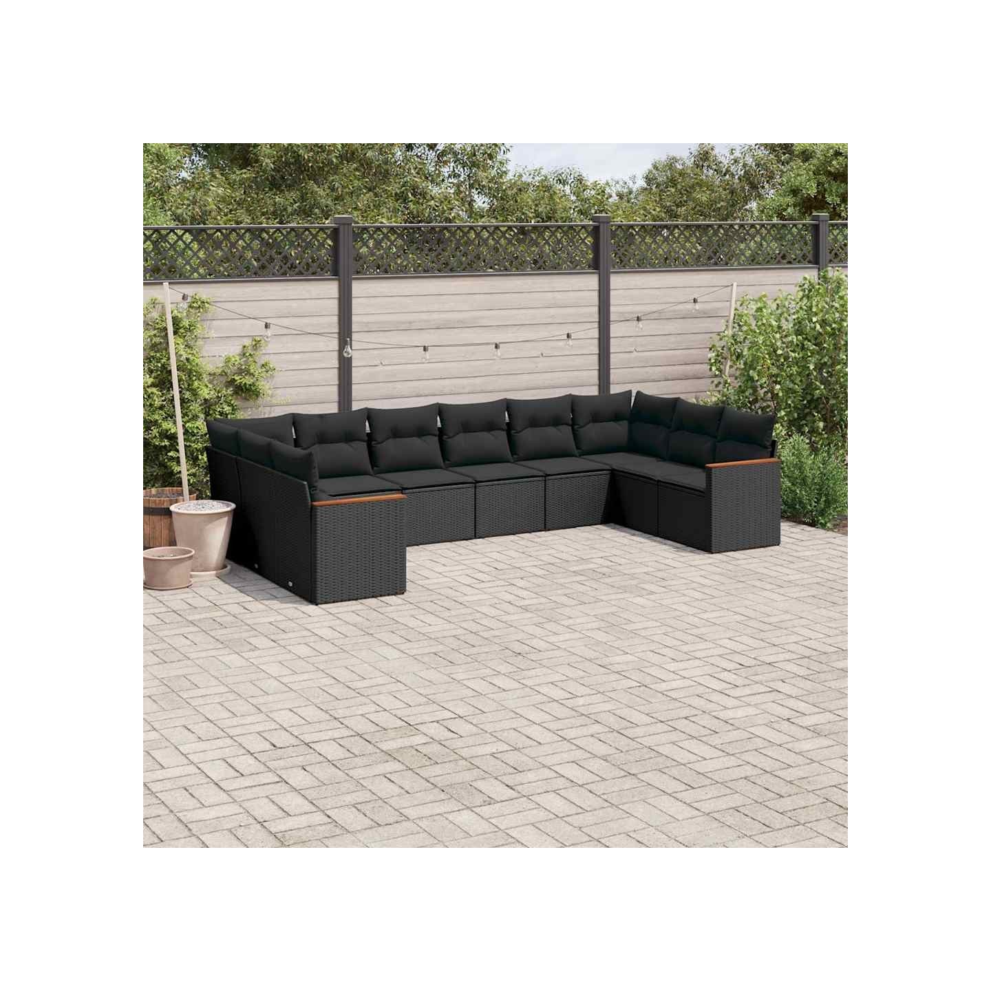 Salon de jardin 10 pcs avec coussins noir résine tressée