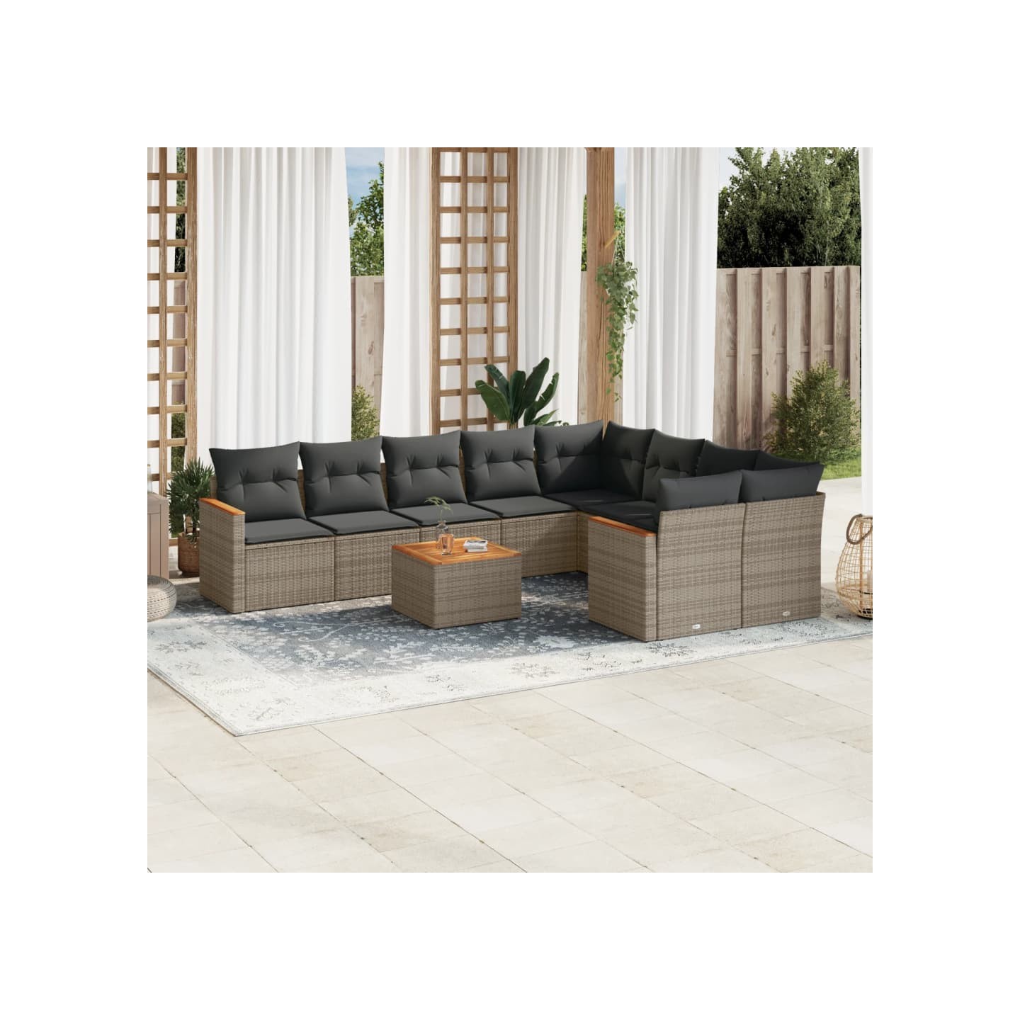 Salon de jardin avec coussins 10 pcs gris résine tressée