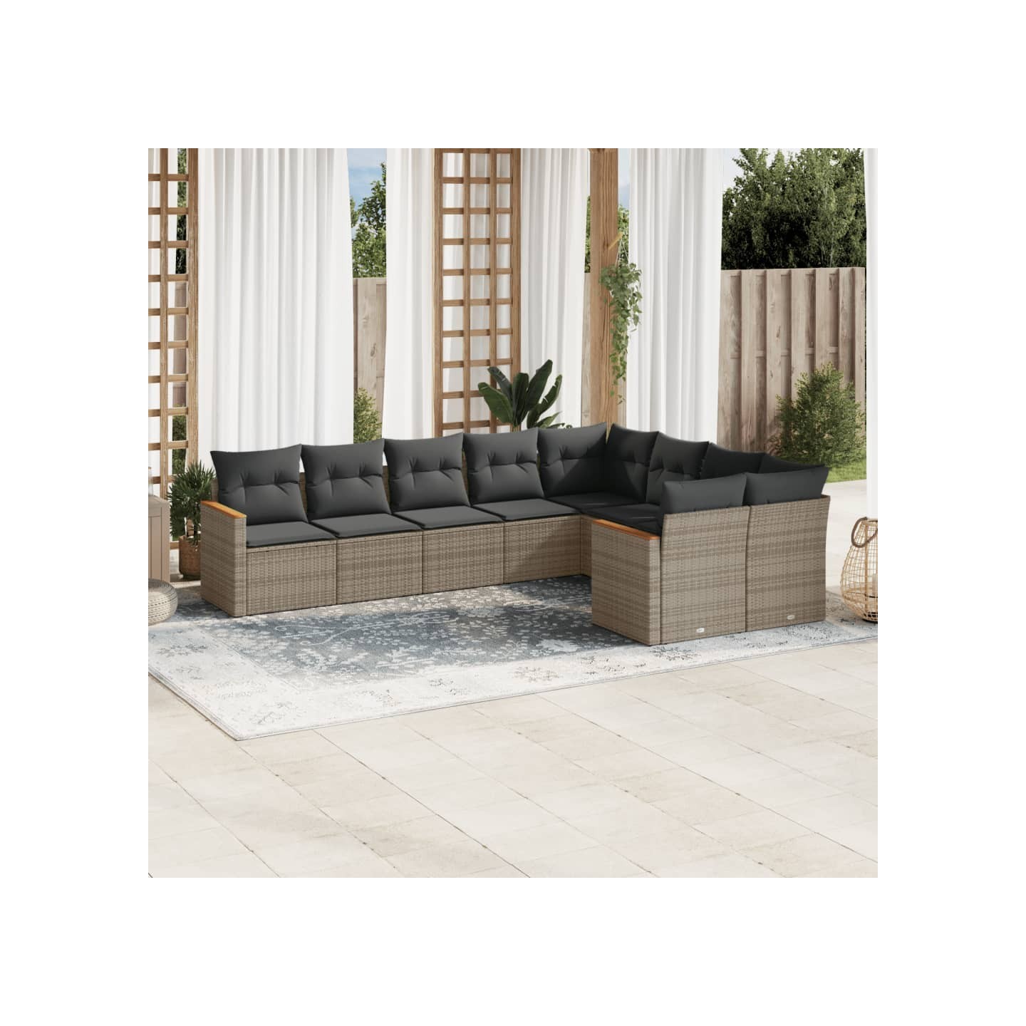 Salon de jardin 9 pcs avec coussins gris résine tressée